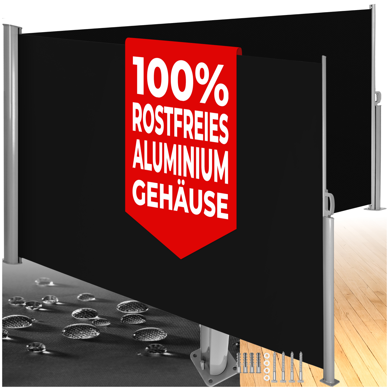 Aluminium Doppel Seitenmarkise ausziehbar mit Aufrollmechanismus - 200 x 600 cm, schwarz