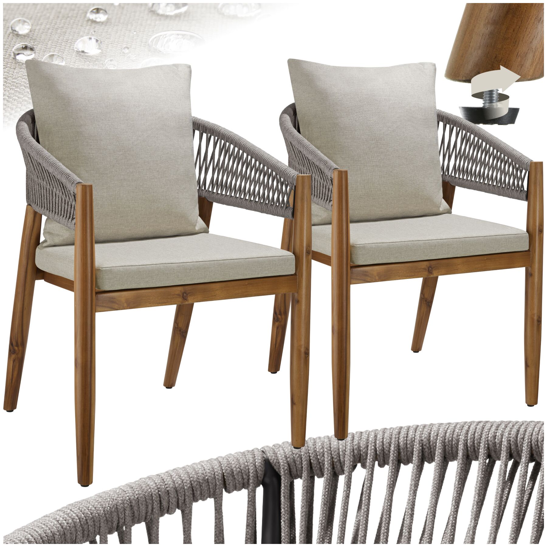 Garden Chair Manacor in a Corded Design with Acacia Wood Frame and Matching Cushions - greige, Set of 2 | tectake