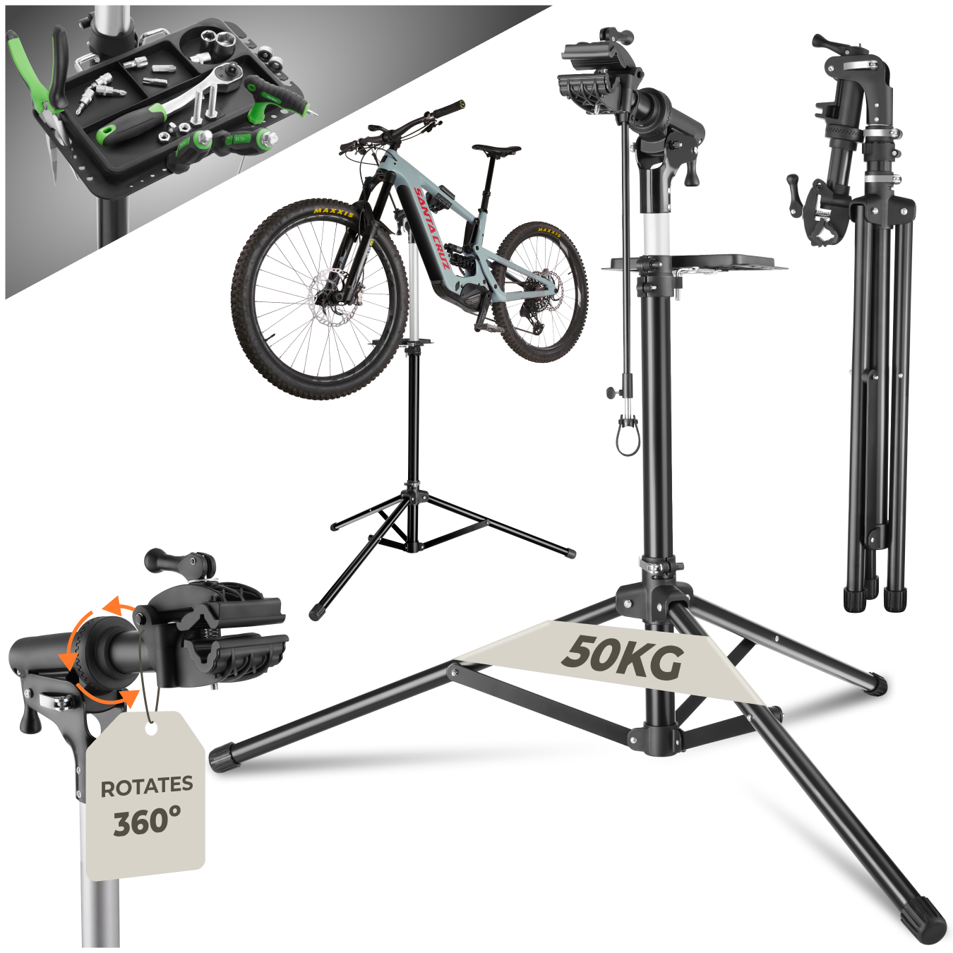 Bike Repair Stand Tristan - folding, height-adjustable, suitable for e-bikes, 50kg load capacity - black