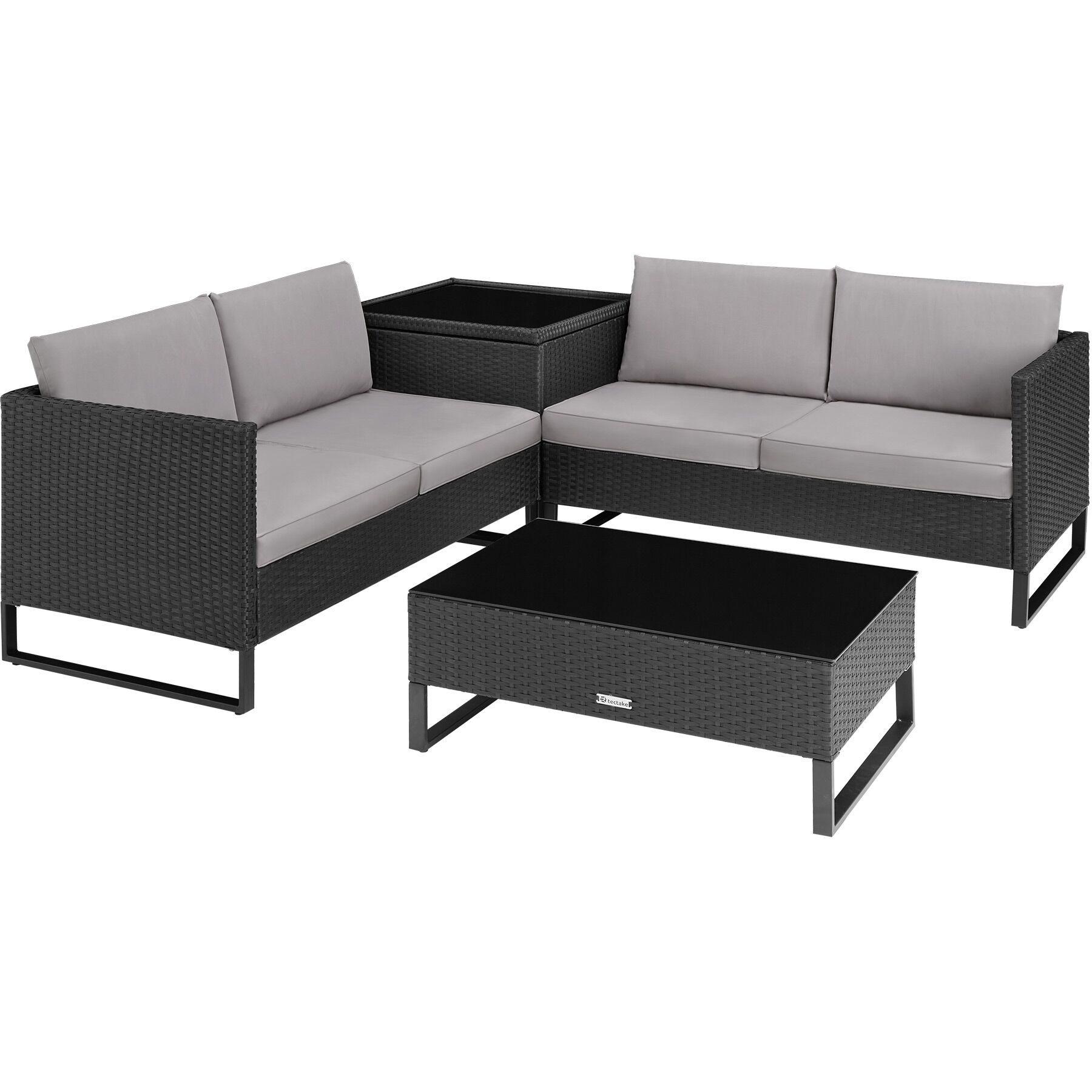 Garden Furniture Set Ostuni - for 4 people, large storage box, table, thick cushions - black | tectake