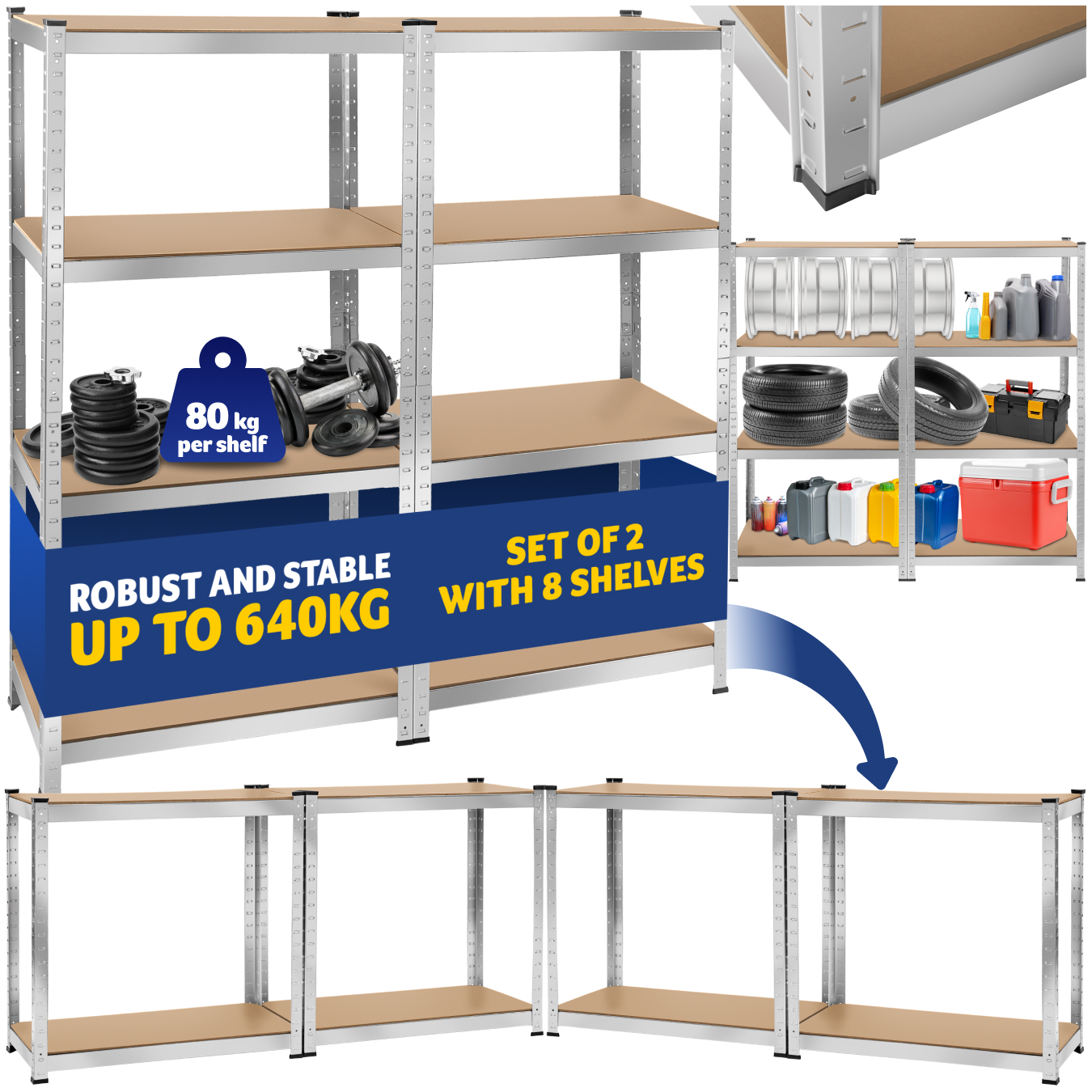 Garage Shelving - heavy-duty galvanised steel frame, height-adjustable shelves - 160 x 160 x 40 cm, 640 kg | tectake