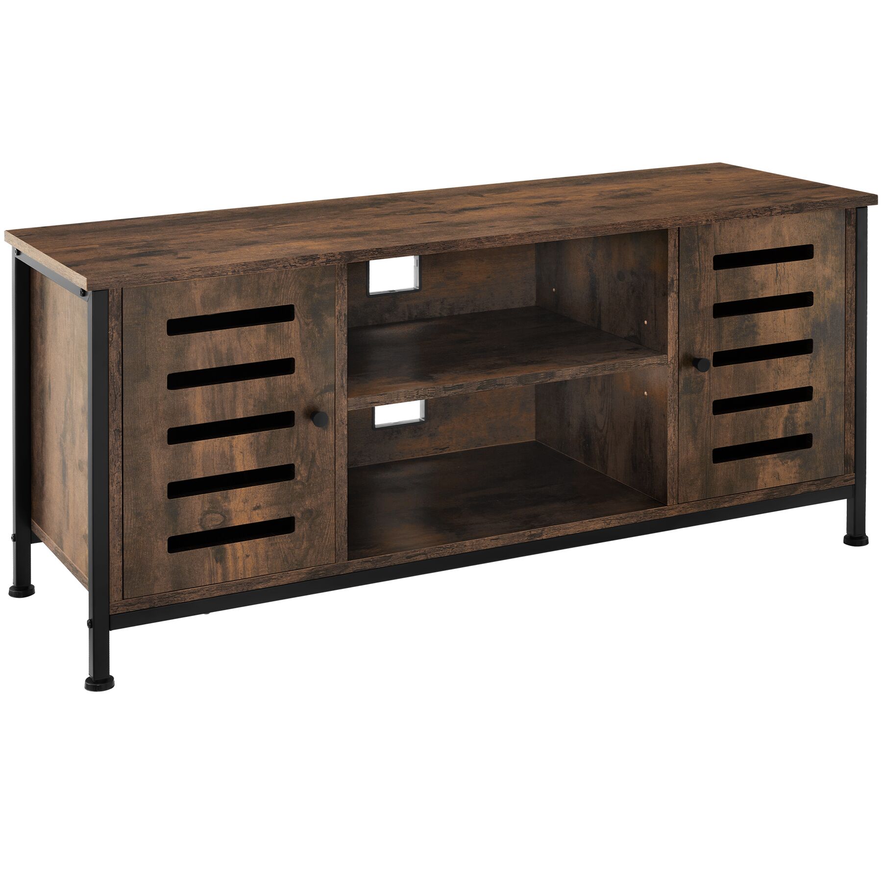 TV Stand Carlow - lowboard with two cabinets, shelves, 2 cable cutouts - Industrial wood dark, rustic