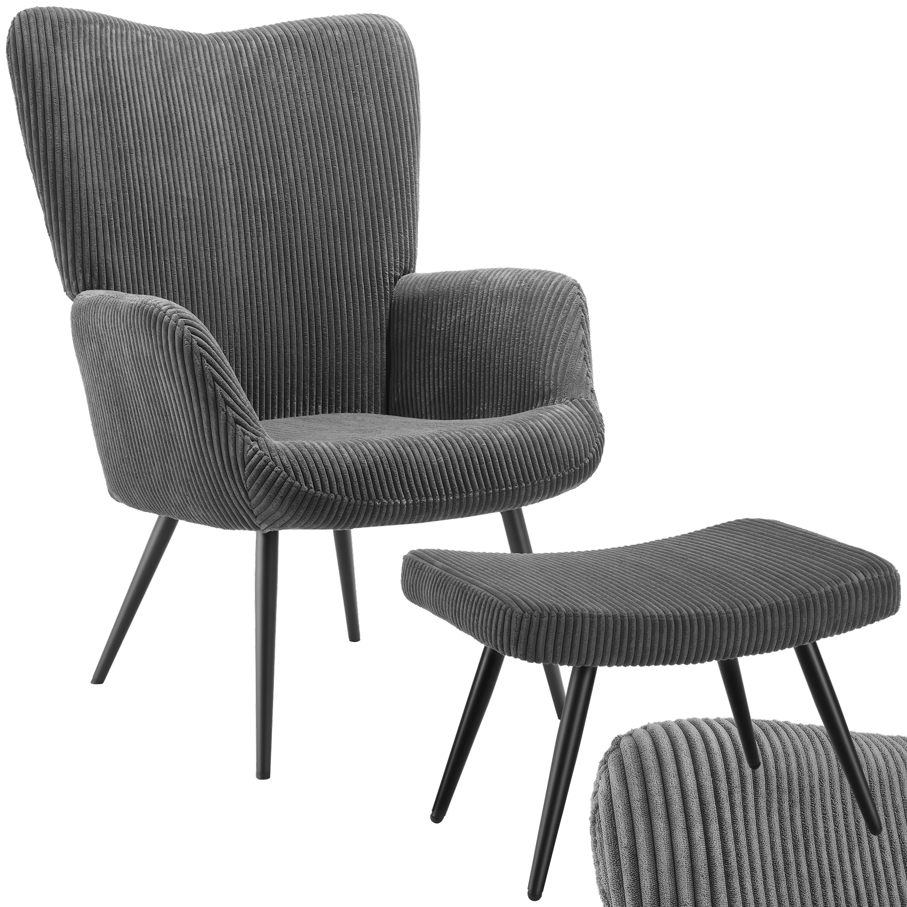 Sessel Hygge gepolstert, ergonomisch, Belastbarkeit 150 kg - mit Hocker, Breitcord anthrazit/schwarz