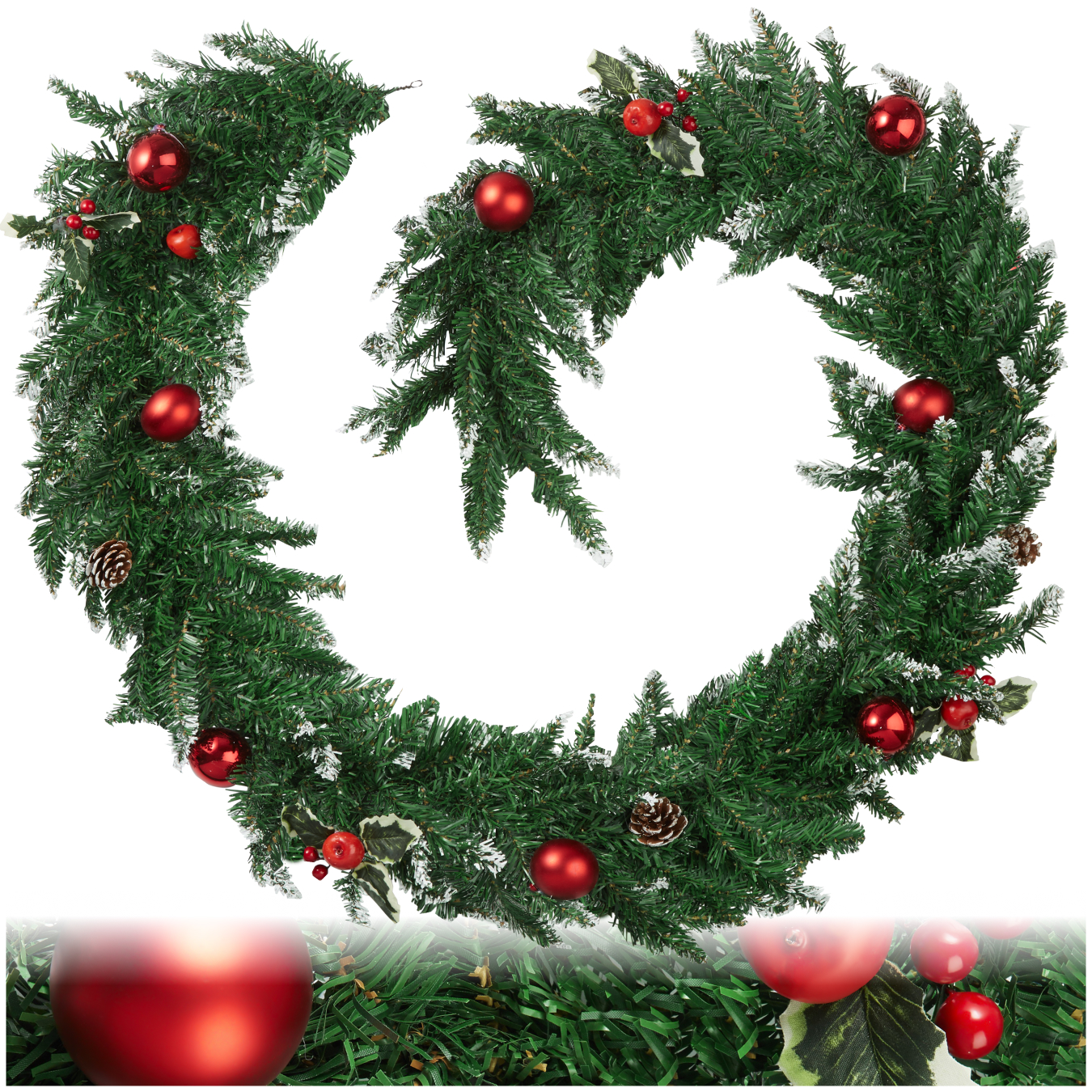 Christmas Garland - artificial, with baubles, pine cones and berries - red/green