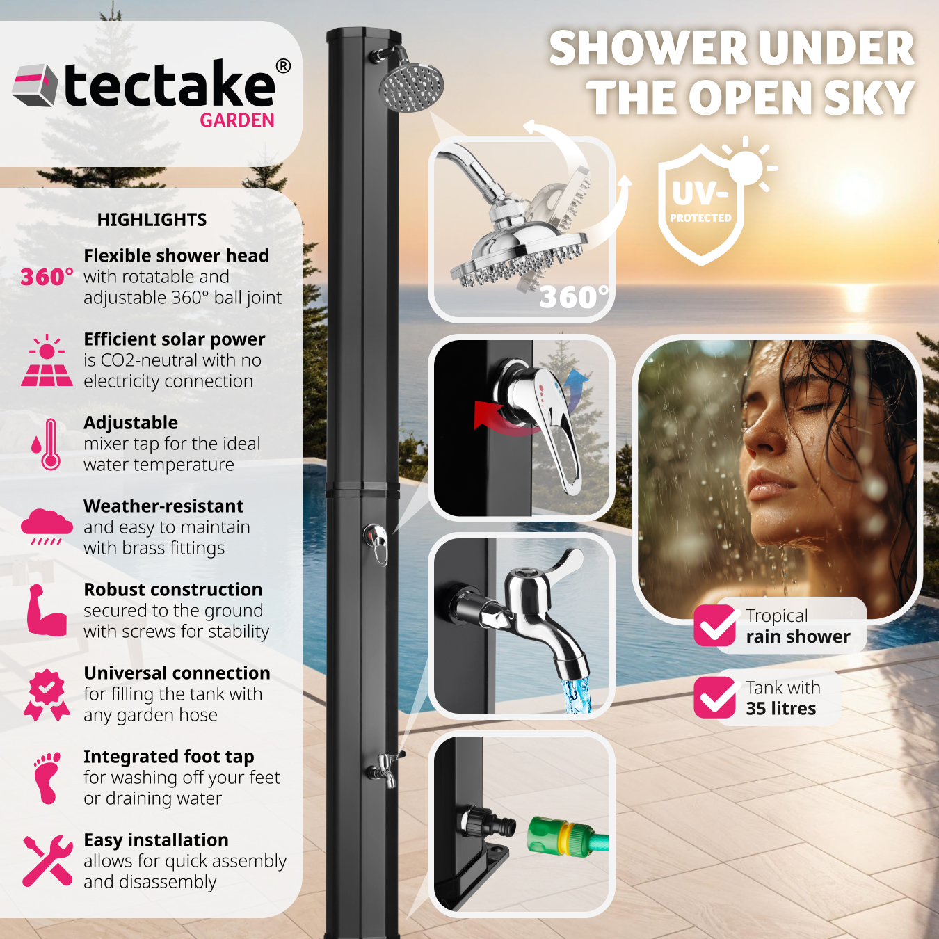 Solar shower outdoor garden portable faucet rain shower head camping - Picture 3 of 25