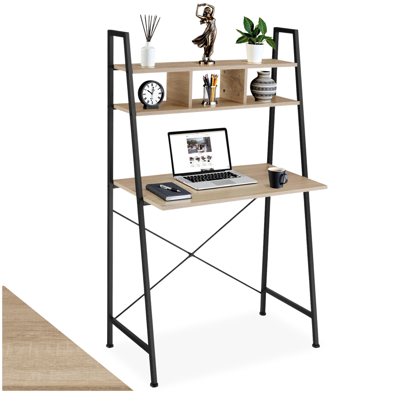 Desk Exeter - overhead storage shelves, 3 compartments - industrial wood light, oak Sonoma
