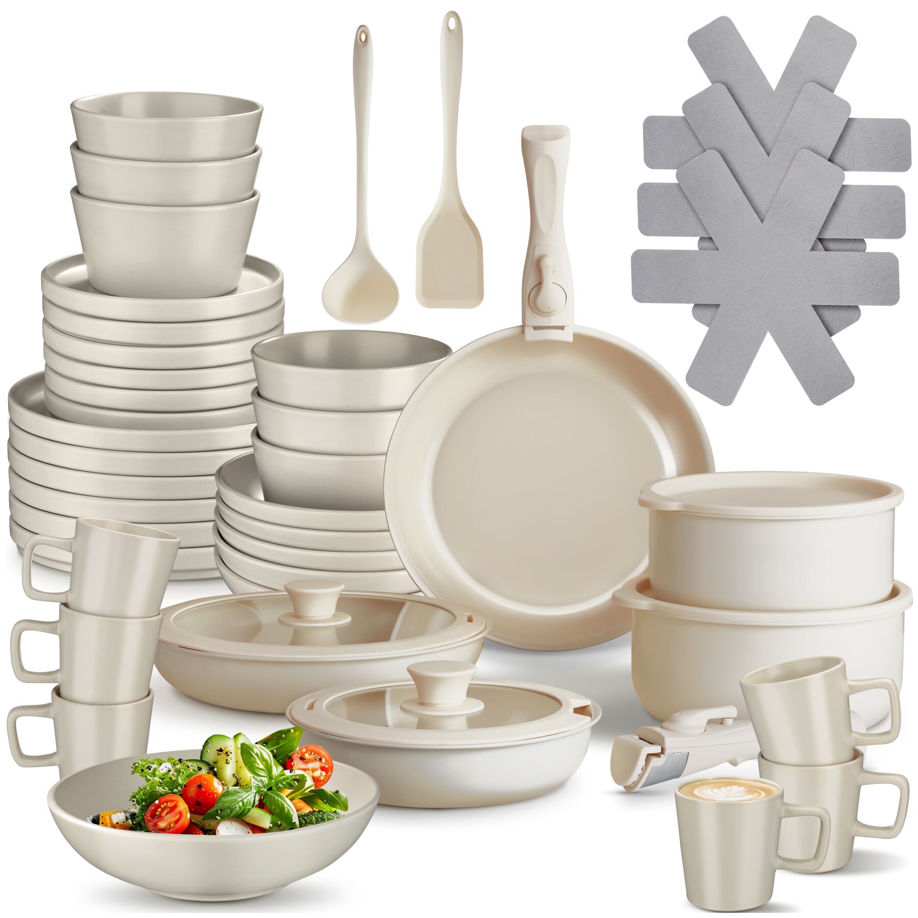 Conjunto básico de cozinha com louça e panelas, etc - taupe/branco, 46 | tectake