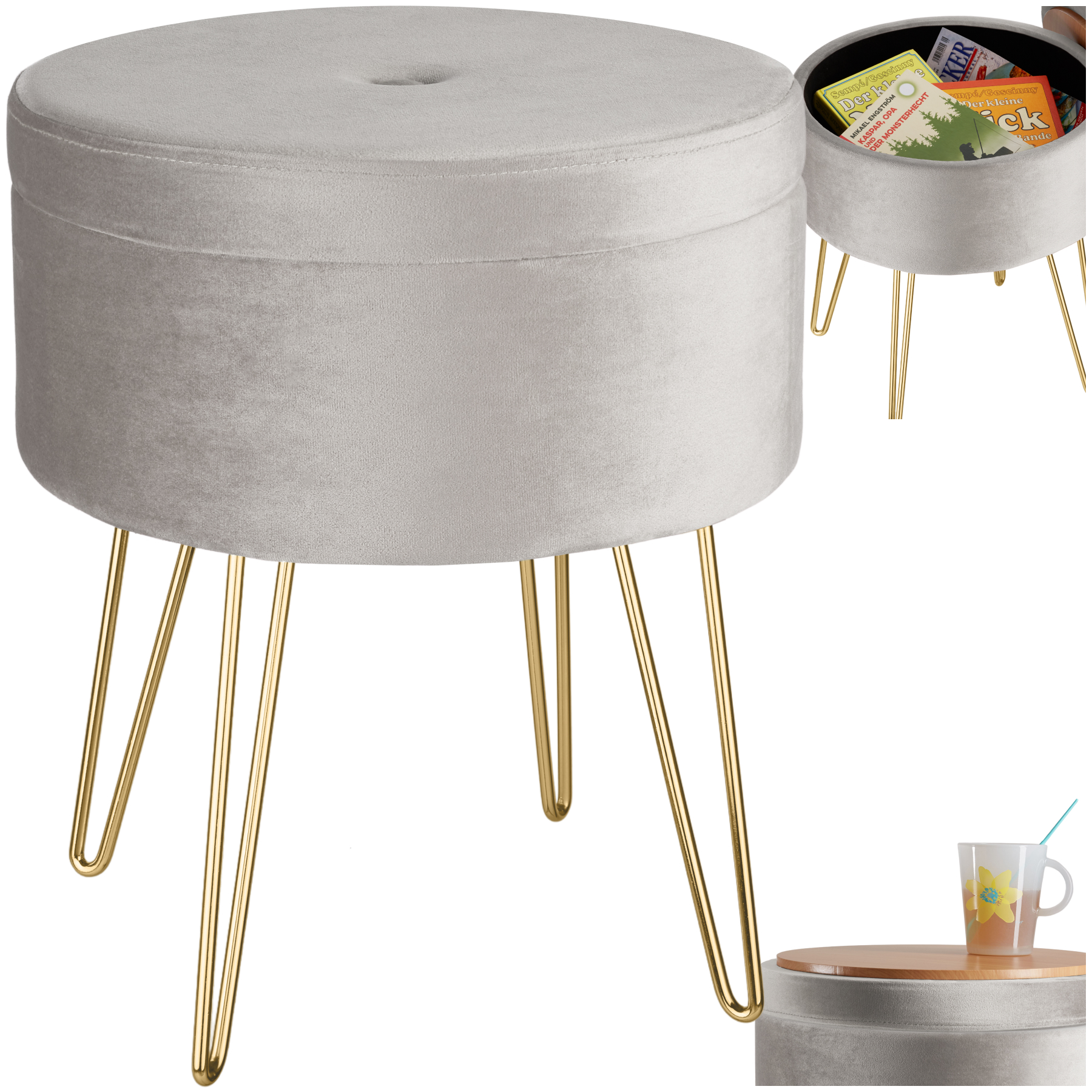 Tabouret avec coffre de rangement aspect velours transformable AVA - gris clair | tectake