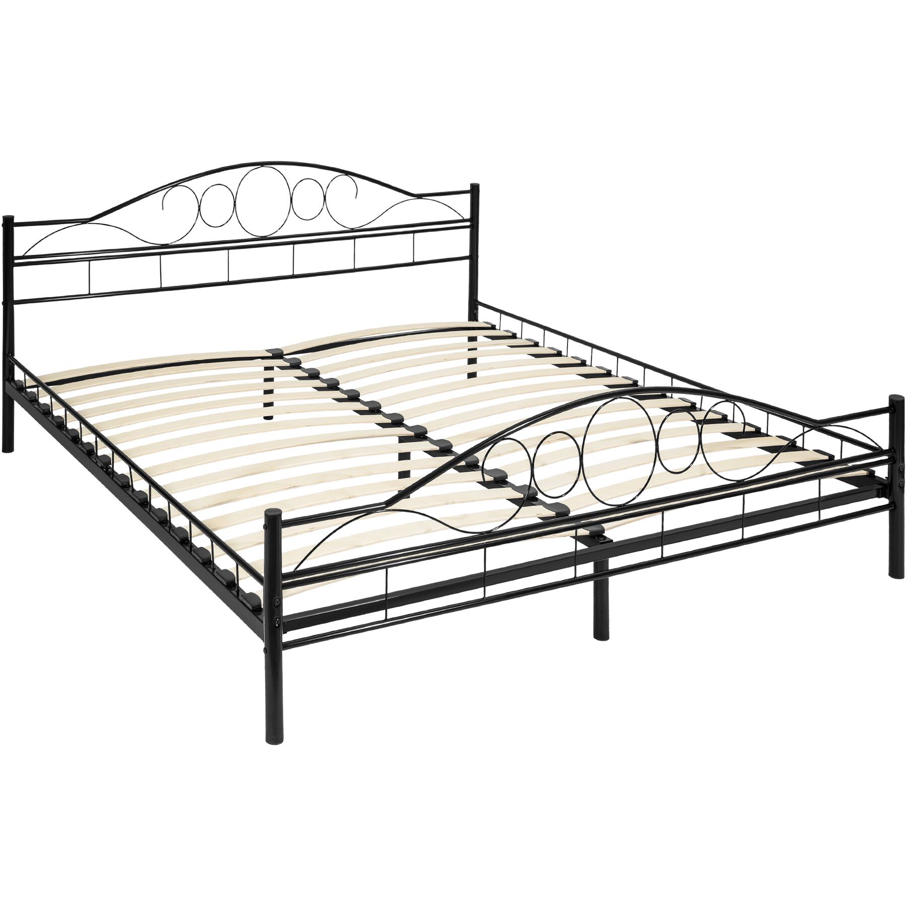 Cama de casal "Art" para quarto com estrutura de aço y estrado incluído - 200 x 180 cm, preto/preto | tectake