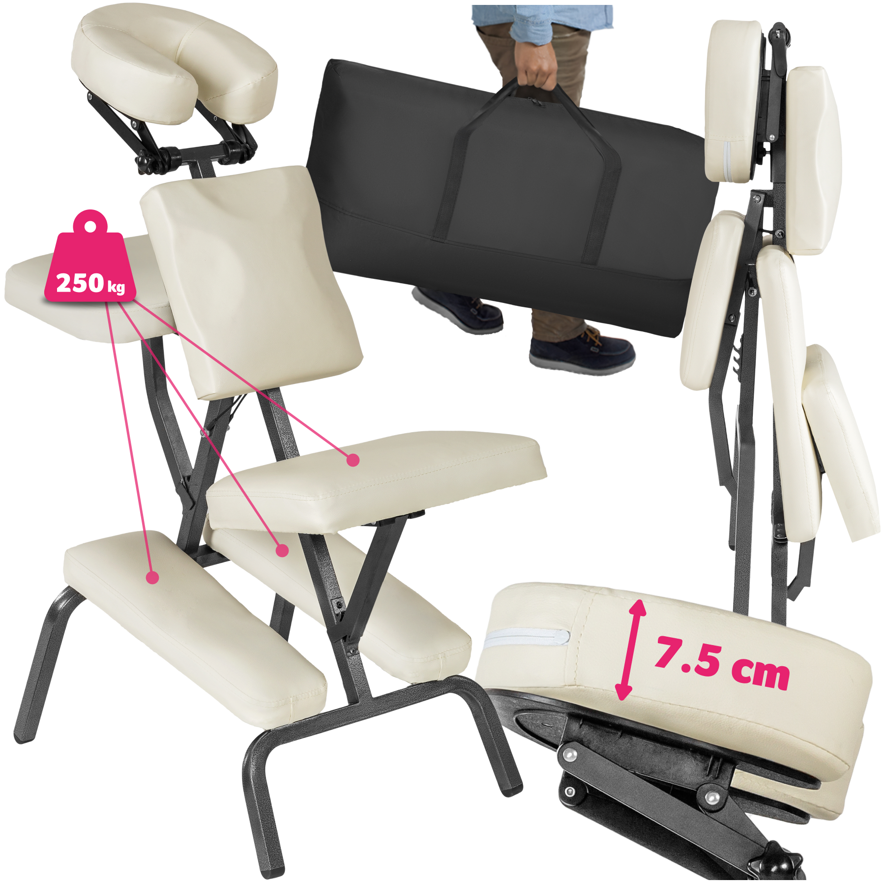 Massage Chair - foldable, cushions for head, chest, arms and seat, with carry bag - beige