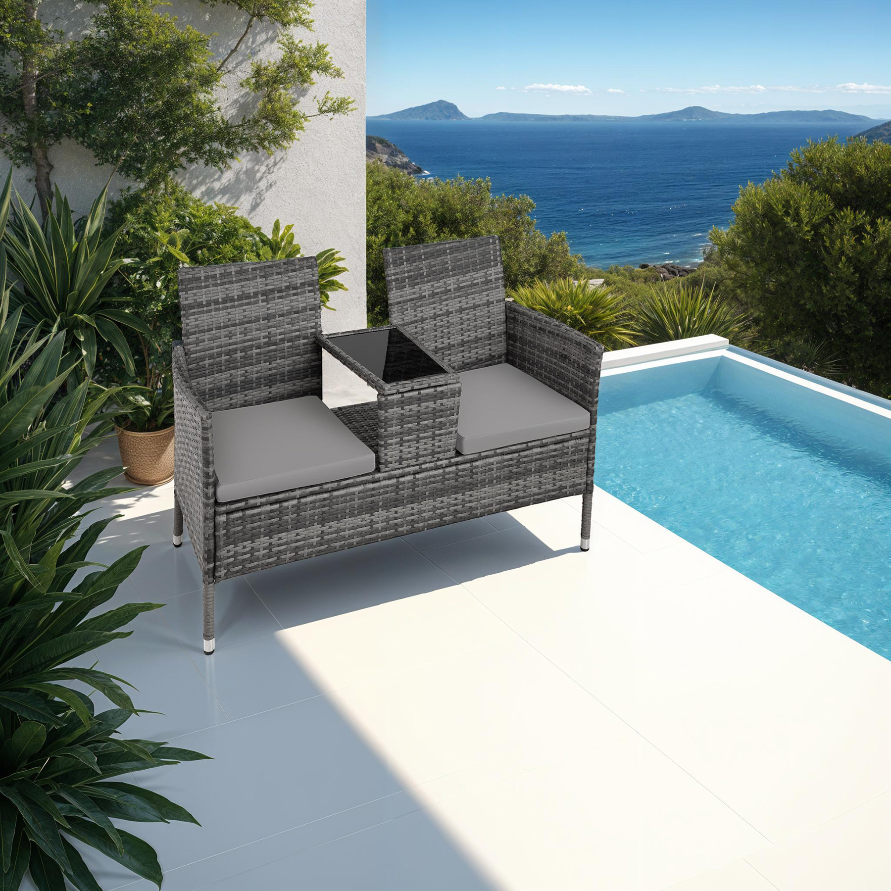 Poly Rattan Bench Glass Table Garden Furniture 2 Seats Wicker Patio Balcony New - Picture 62 of 81