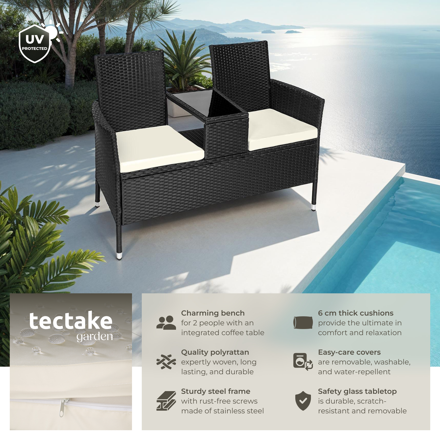 Poly Rattan Bench Glass Table Garden Furniture 2 Seats Wicker Patio Balcony New - Picture 33 of 81
