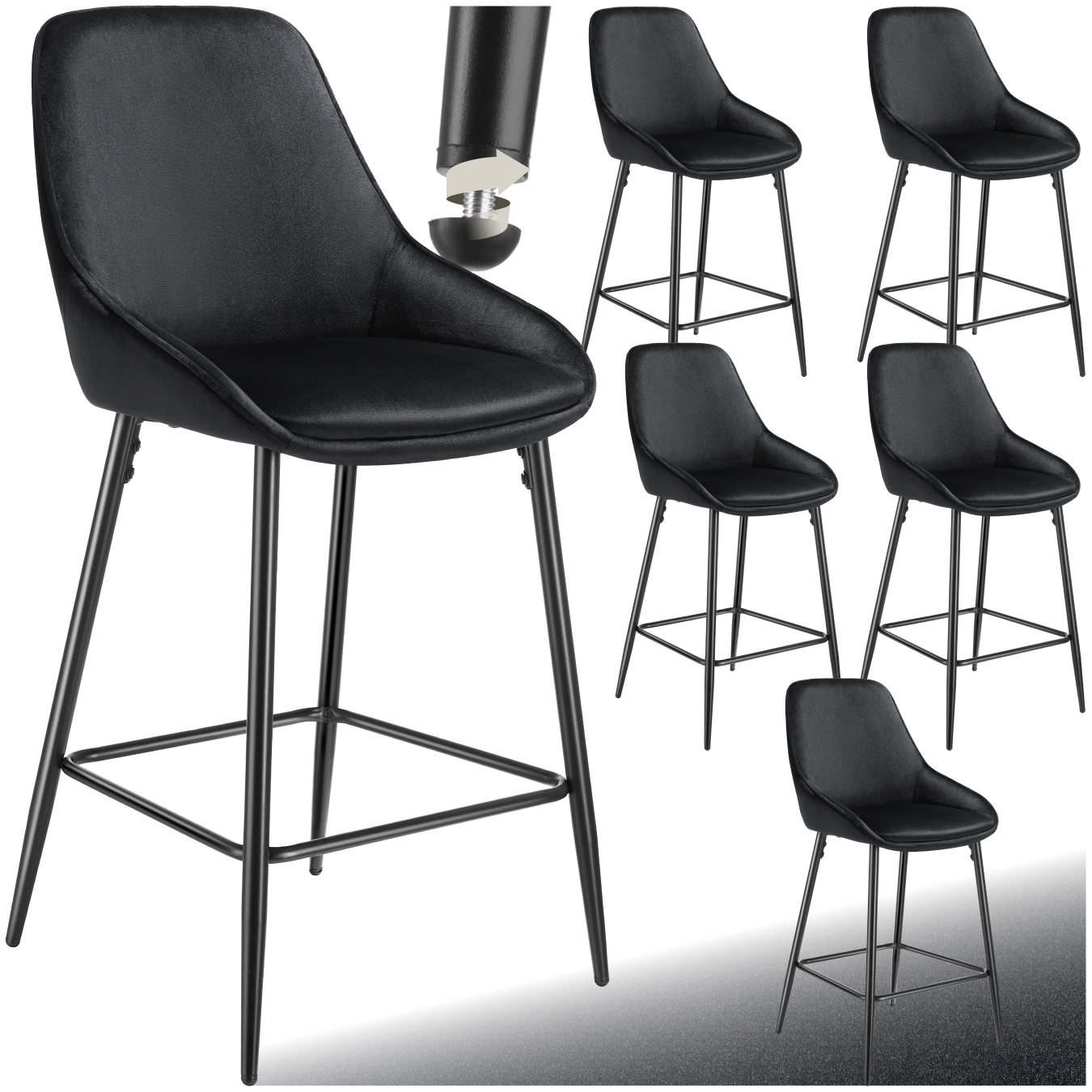 Barkruk Siera met rugleuning - Fluweellook zwart/zwart, Set van 6 | tectake
