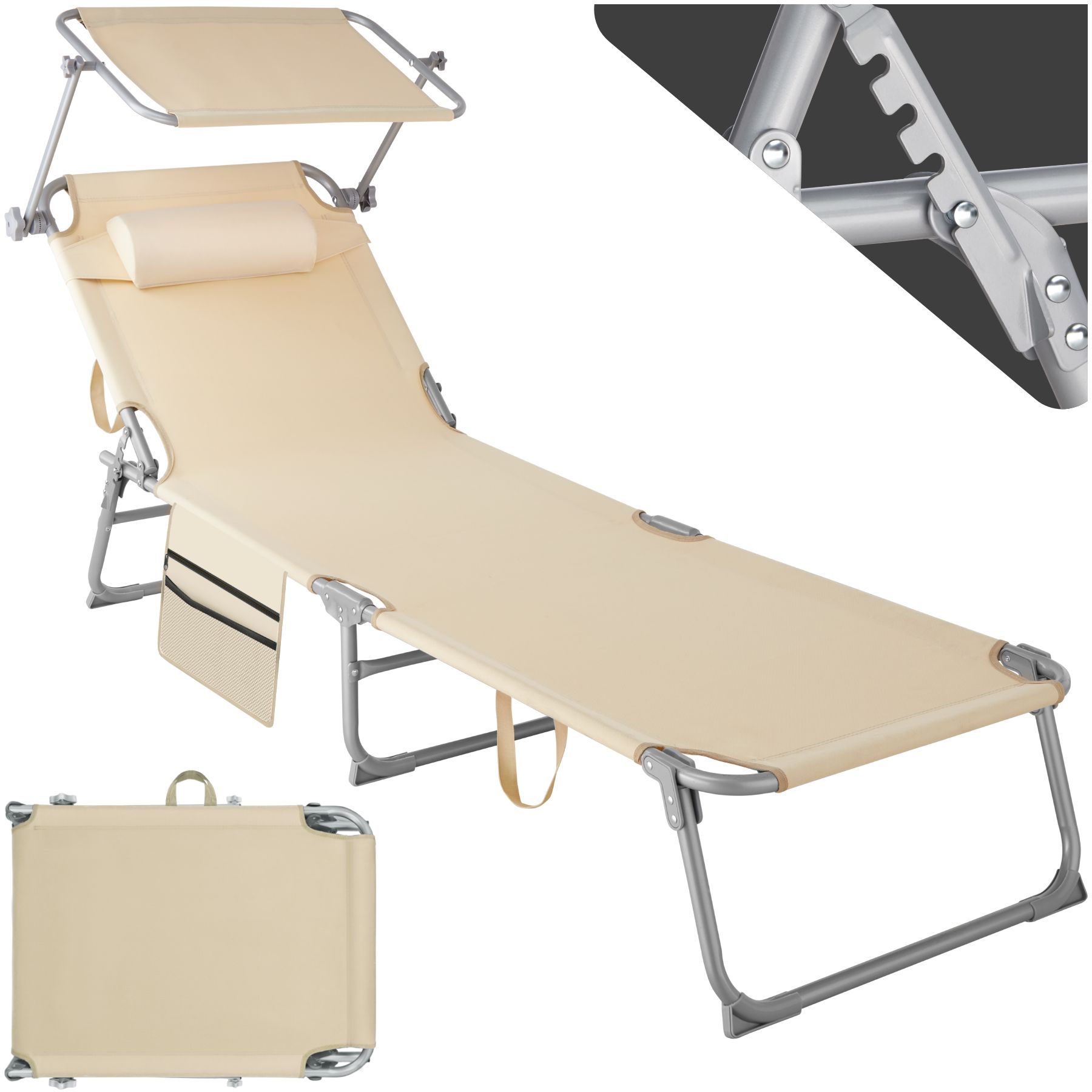 Solsäng med soltak Chloé 4-stegs justerbart ryggstöd med nackkudde och ficka - beige av tectake