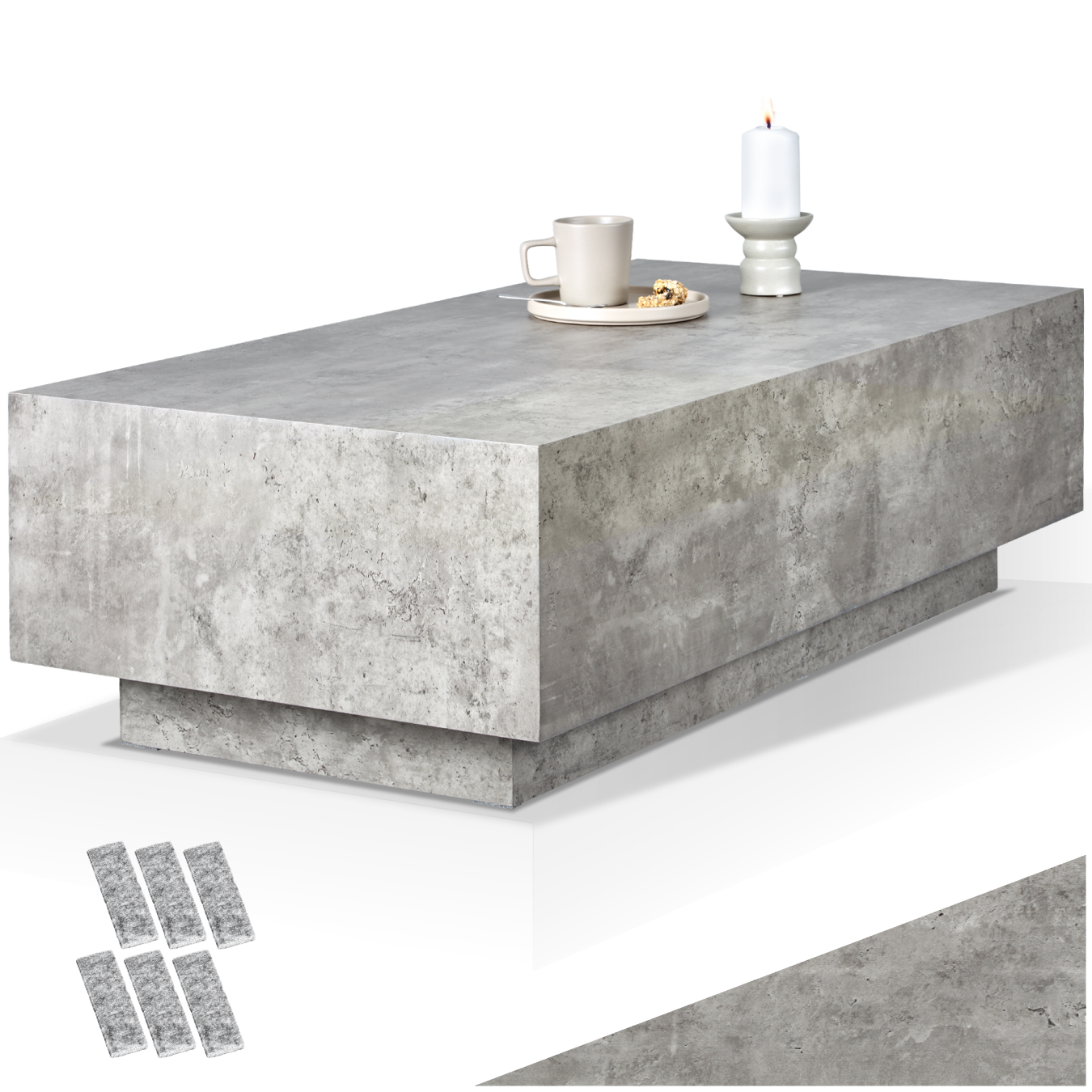 Table basse LASLEY avec pied - Aspect béton, 120 x 60 x 35 cm