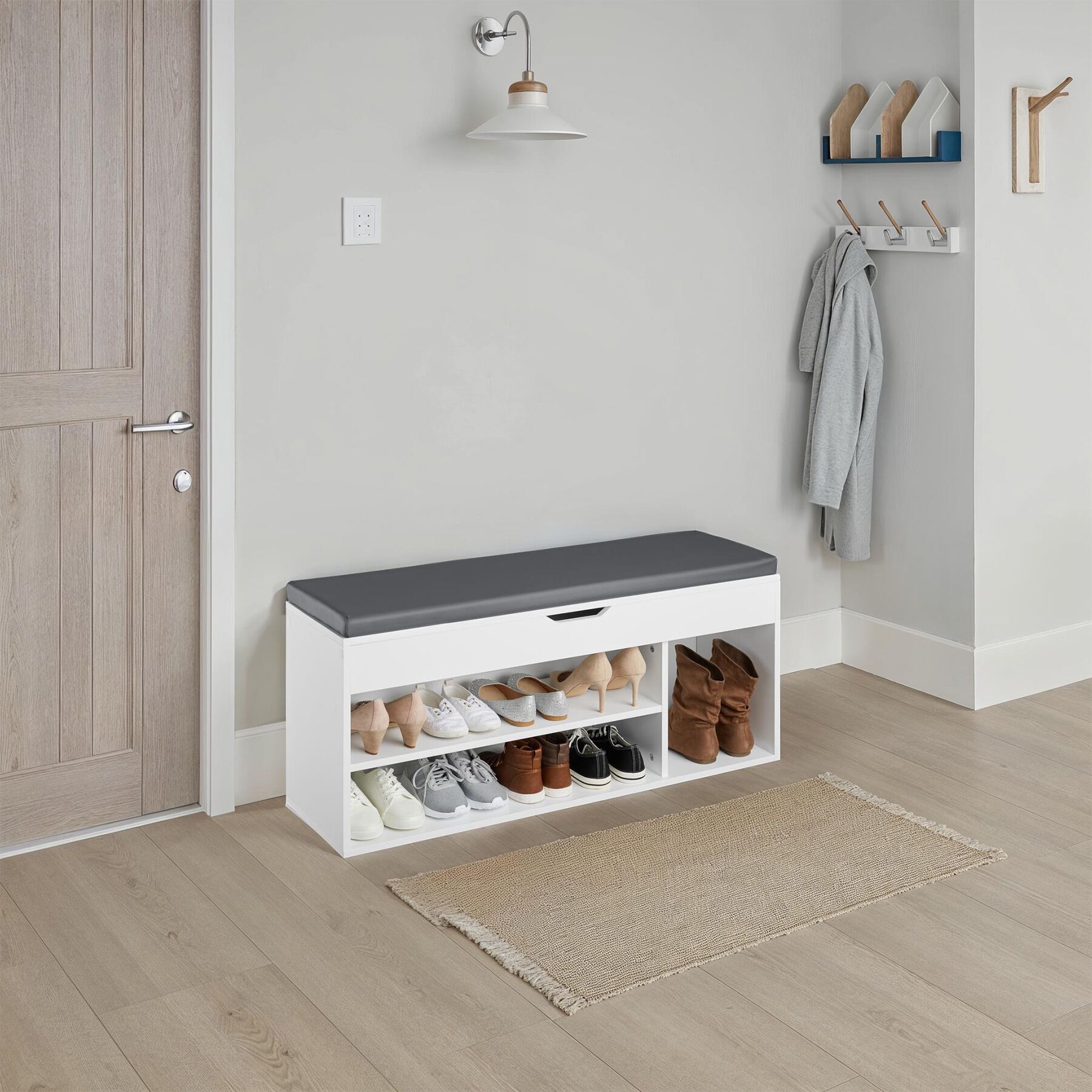 Schuhbank mit Sitzkissen Holz Schuhschrank Schuhregal Sitzfläche Klappfach 104cm - Bild 12 von 37