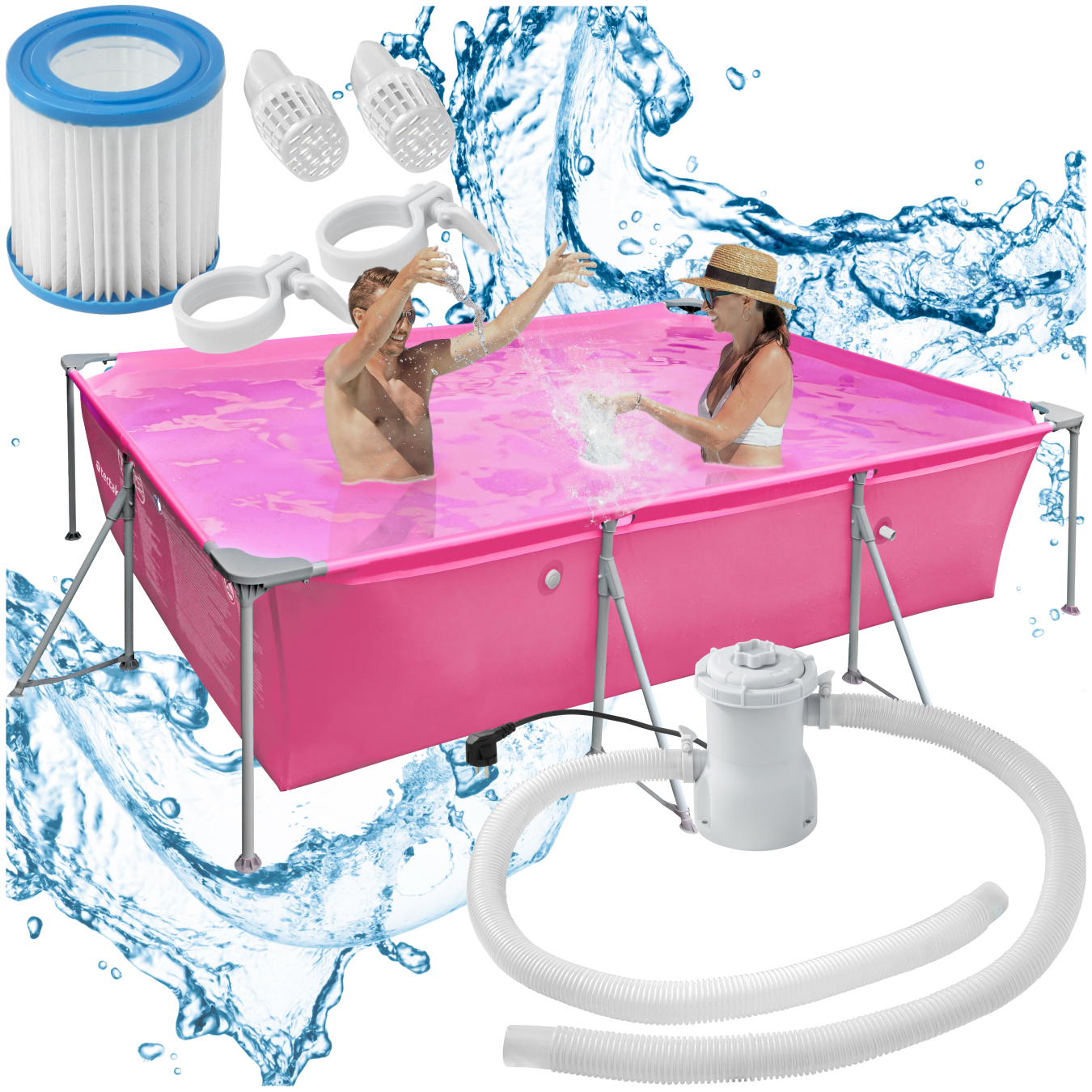 Swimming Pool - rectangular with filter pump 300 x 207 x 70 cm - pink