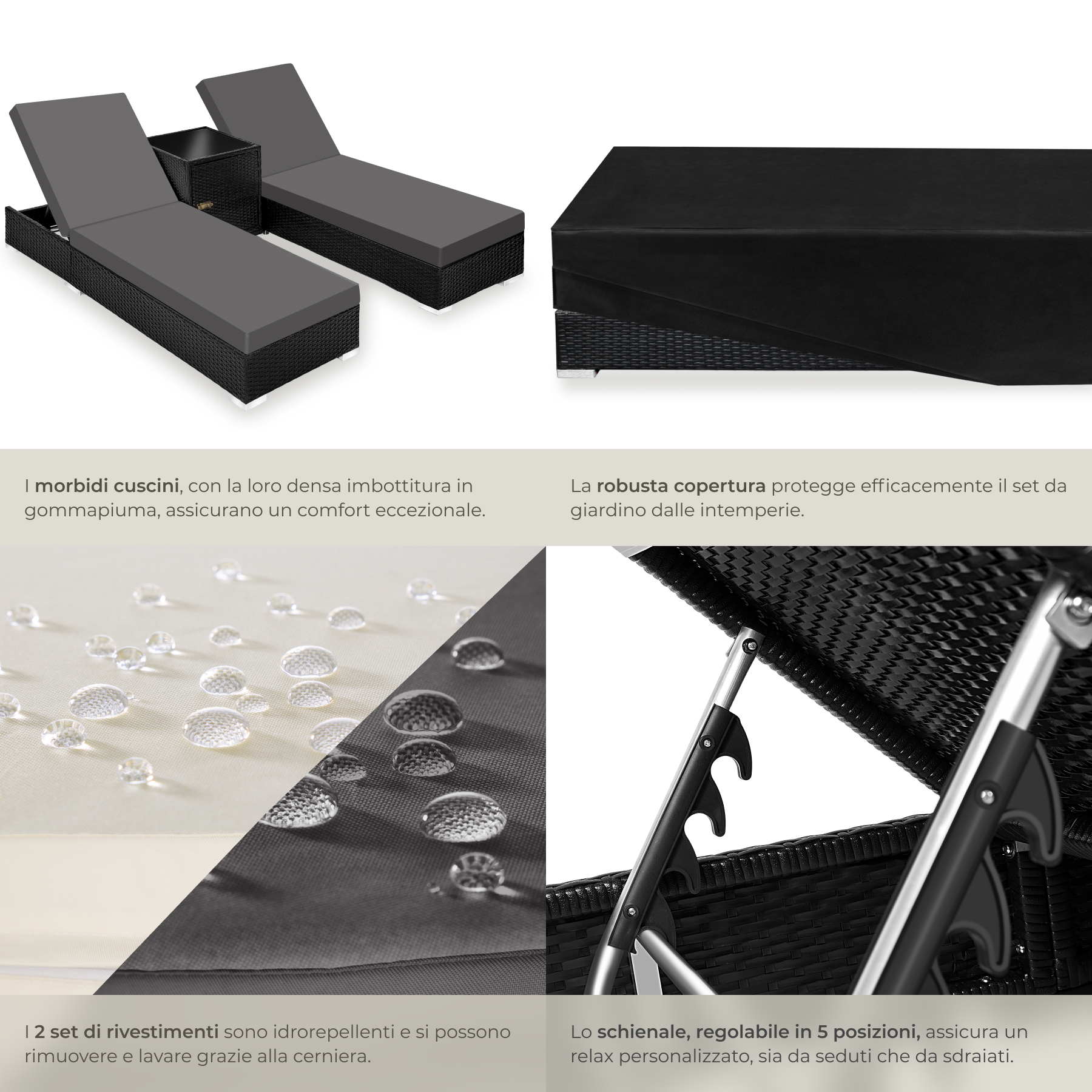 2 x sdraio in polyrattan + tavolo alluminio giardino rattan lettino mobili telo - Foto 18 di 67