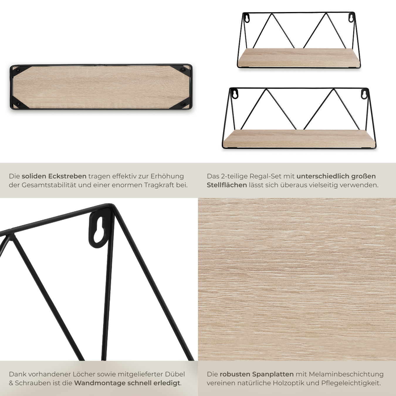 2er Set Wandregal Hängeregal Regal 33,541cm Industrie Design Metallgestell Holz