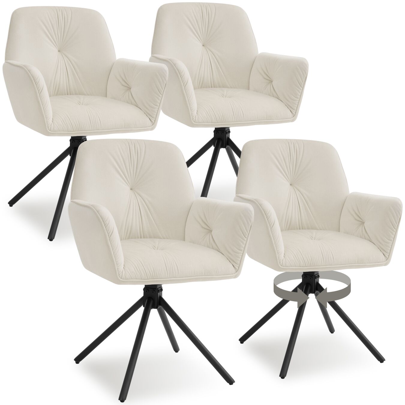 Draaibare fauteuil Lenia, gestoffeerd - Fluweel crème/zwart, Set van 4 | tectake