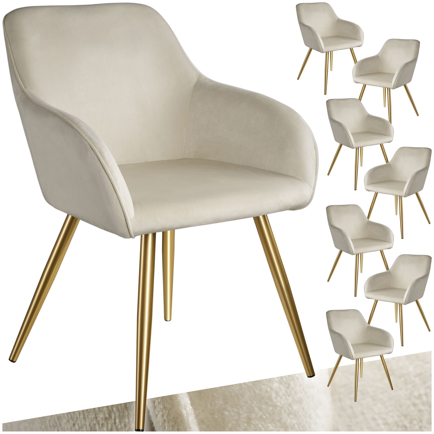 Esszimmerstuhl Marilyn Samtoptik, goldene Stuhlbeine - creme/gold, 8er Set