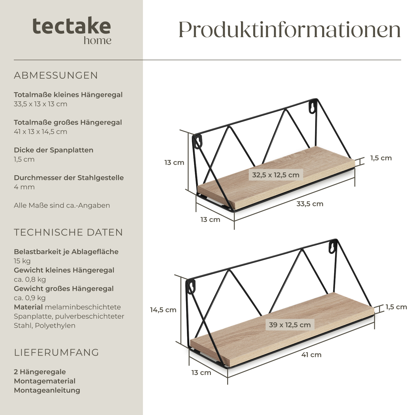 2er Set Wandregal Hängeregal Regal 33,541cm Industrie Design Metallgestell Holz