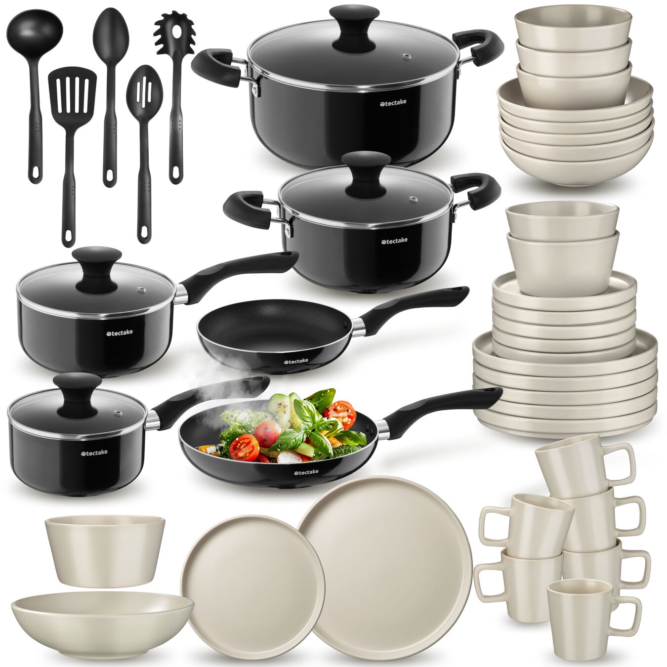 Set de cuisine pour 6 personnes avec vaisselle et casseroles - noir/taupe, 45 pièces | tectake