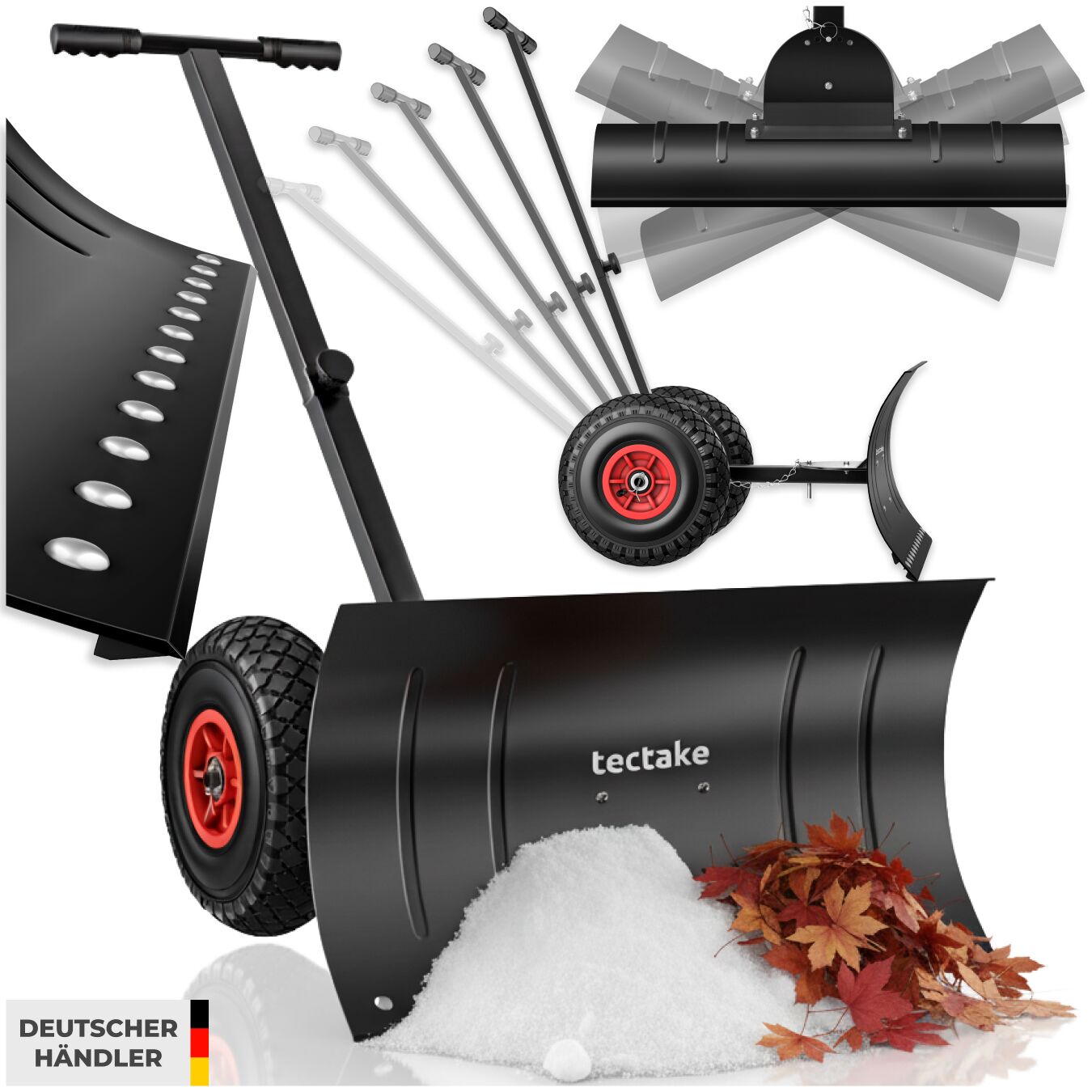 Schneeschaufel auf Rädern, 5-fach höhenverstellbar, luftgefüllte kugelgelagerte Profilreifen, verstellbarer Schaufelwinkel - schwarz silber