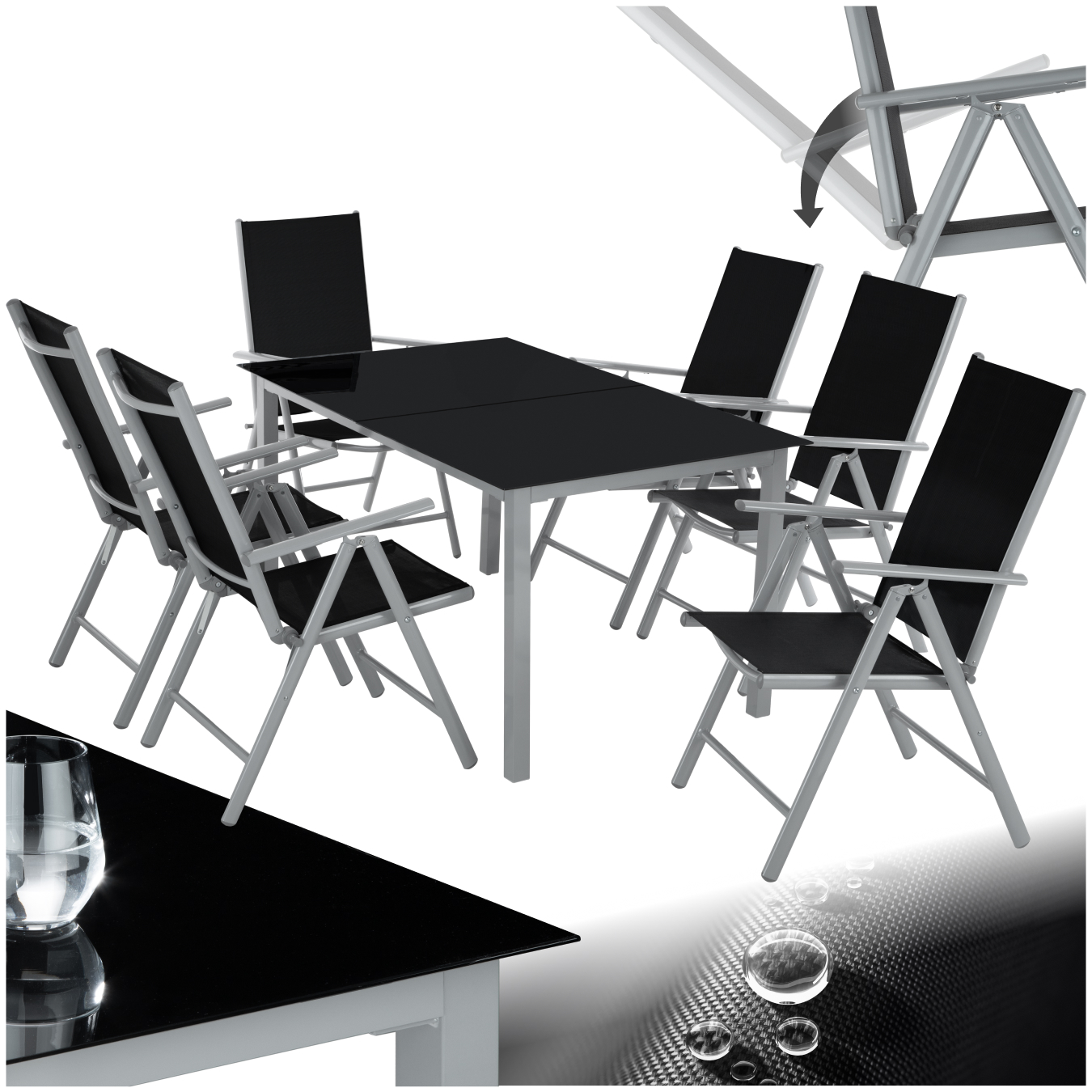 Garden Table and Chairs - aluminium frame, for 6 people, adjustable backrests, safety glass table - silver