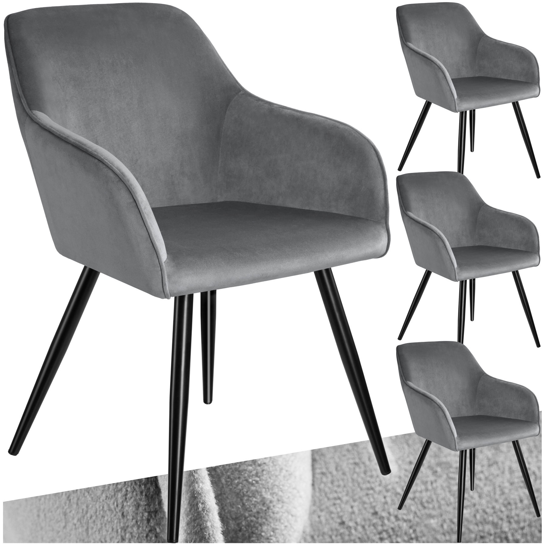 Esszimmerstuhl Marilyn Samtoptik, schwarze Stuhlbeine - grau/schwarz, 4er Set