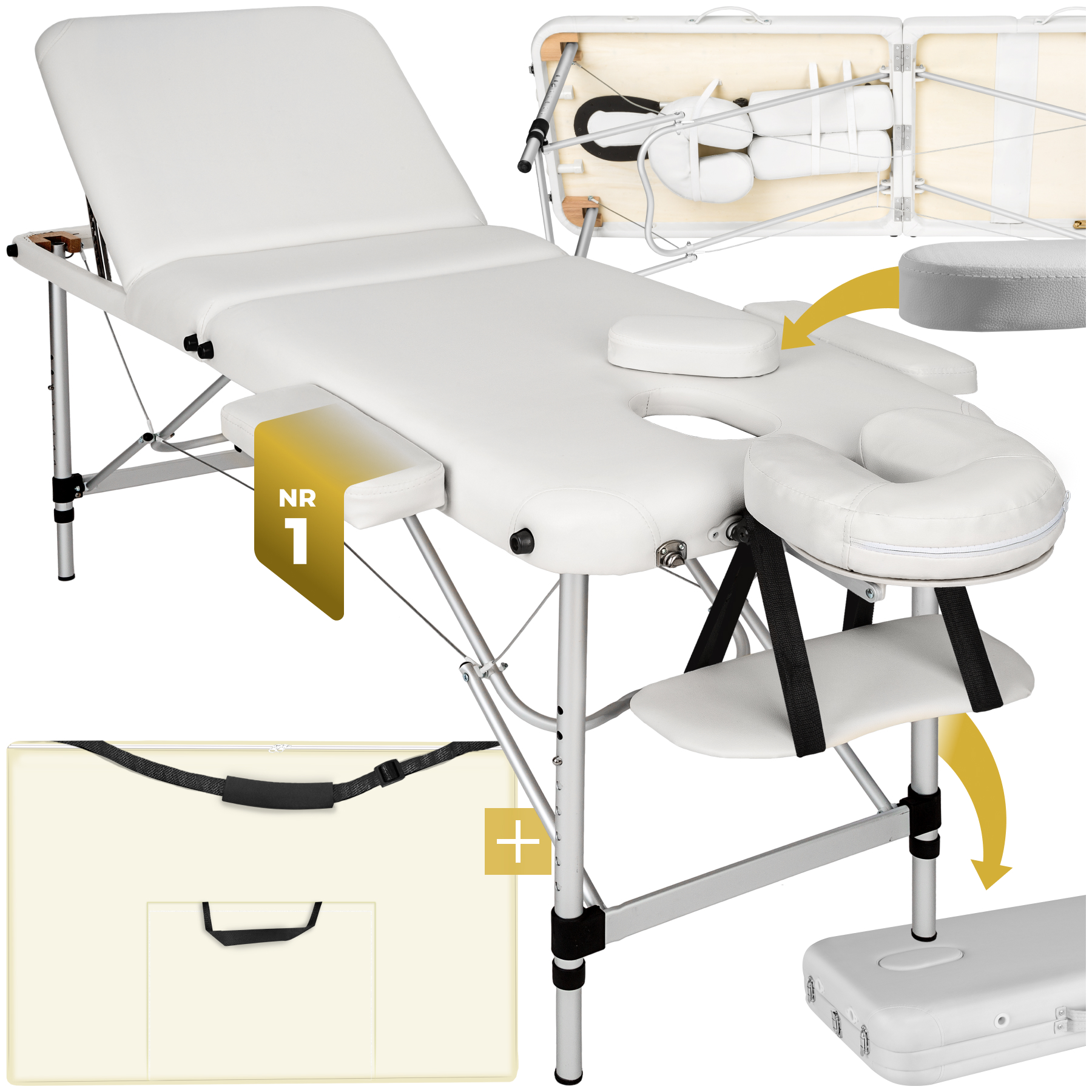 3 Zonen Massageliege mit 5cm Polsterung und Aluminiumgestell - weiß