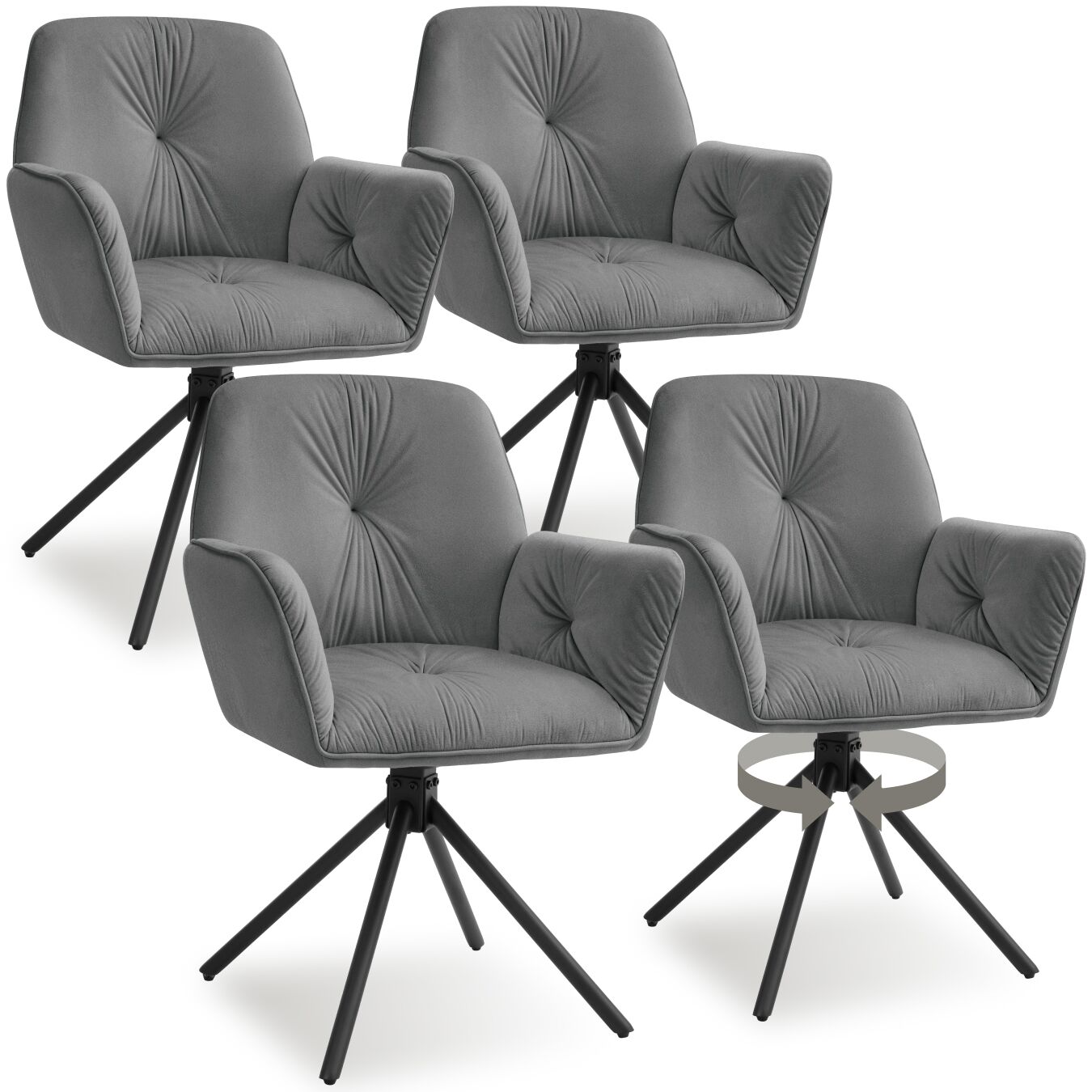 Chaise pivotante LENIA rembourrée - Aspect velours anthracite/noir, Lot de 4 | tectake
