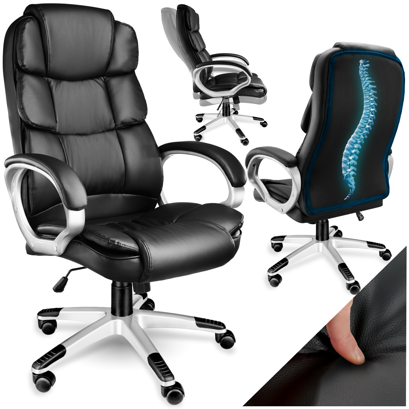 Bürostuhl, 360° drehbar und stufenlos höhenverstellbar, mit gepolsterten Armlehnen, doppelte Polsterung mit Kunstlederbezug - schwarz | tectake