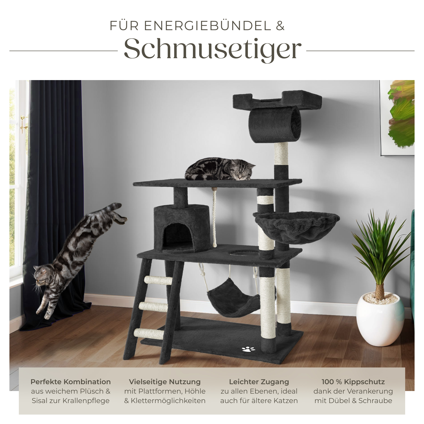 Kratzbaum XXL Katzenbaum Sisal große Katzen Kletterbaum 141 cm Katzenkratzbaum