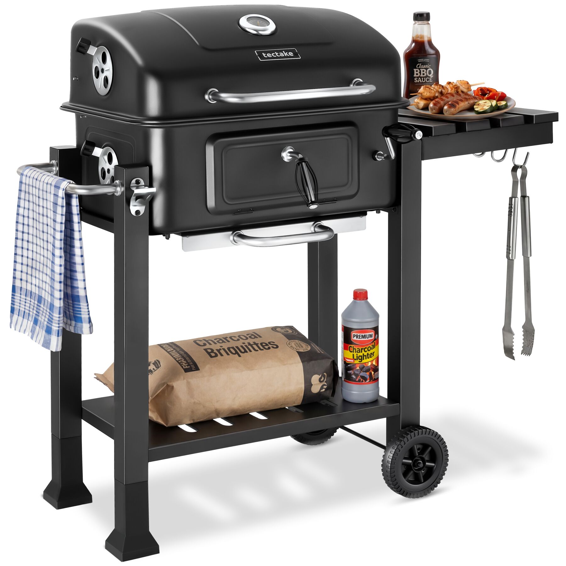 Charcoal Grill Florian with 2 Wheels, Adjustable Charcoal Tray - black | tectake