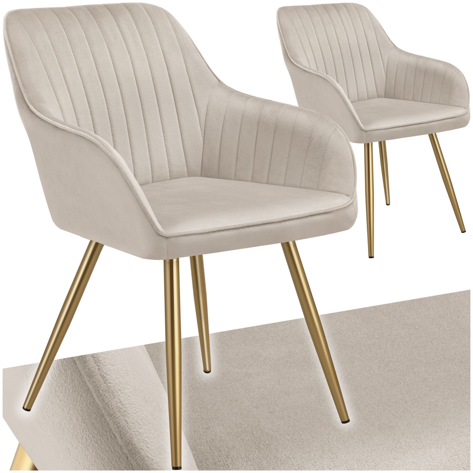 Chaise MARILYN en velours matelassé - taupe/or, Lot de 2 | tectake