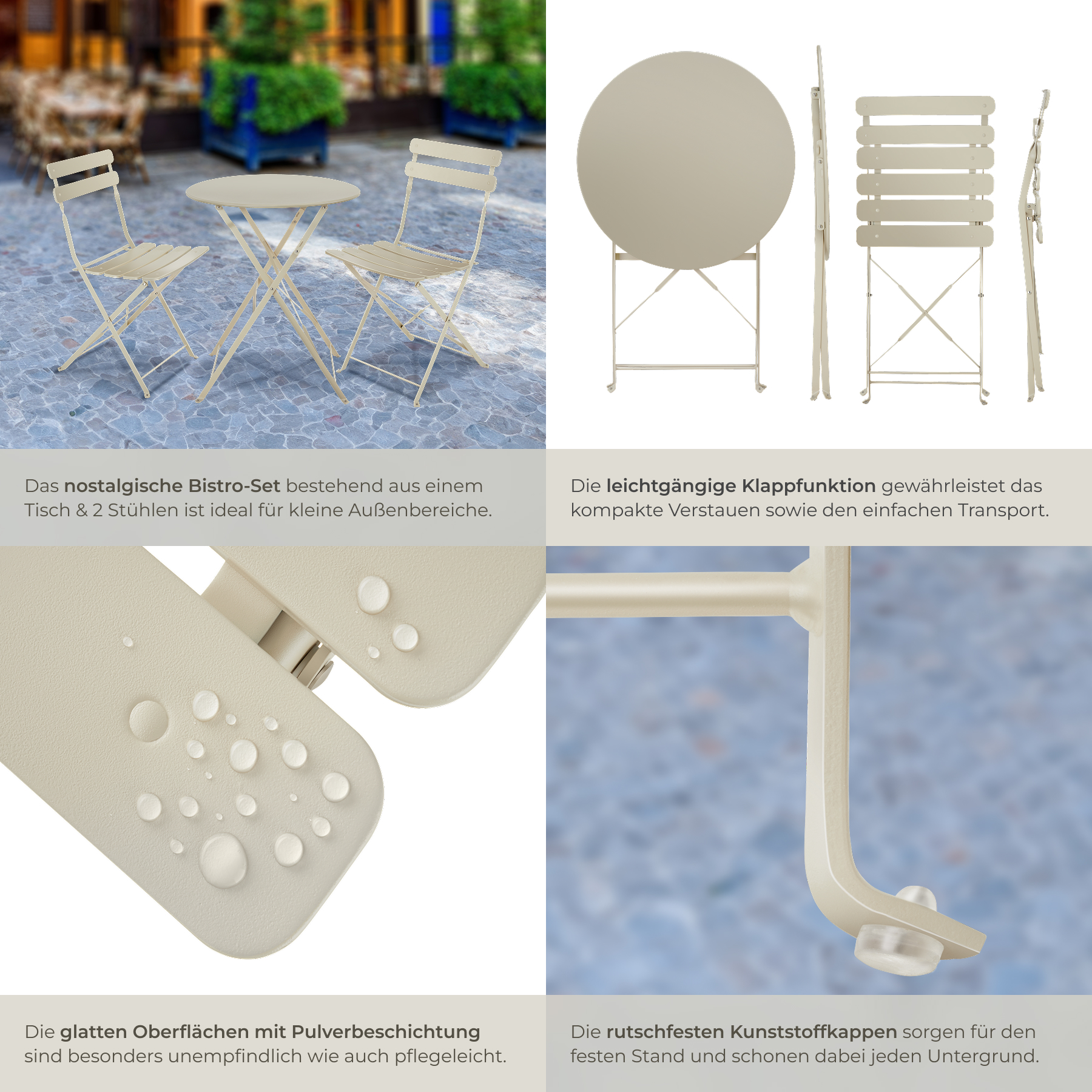 Bistrotisch Set 3-teilig Klapptisch Rund Stühlen Klappbar Gartenmöbel Outdoor