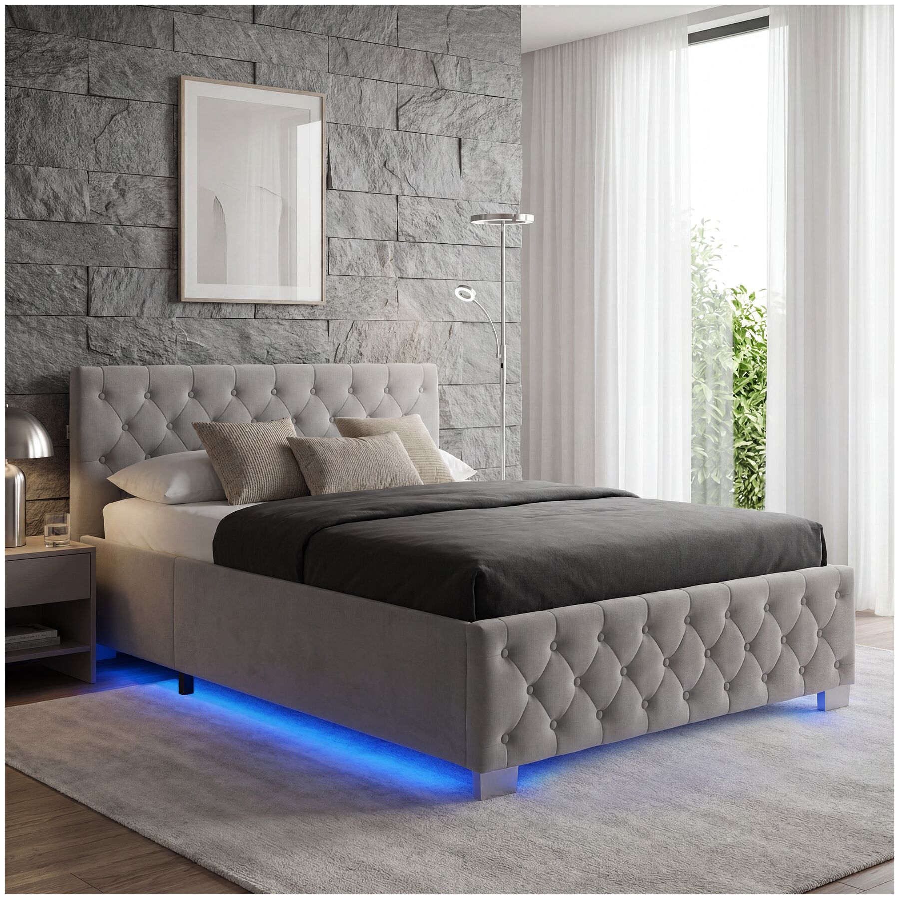 Cama tapizada con tiras LED y espacio de almacenamiento - 140 x 200 cm, gris oscuro | tectake
