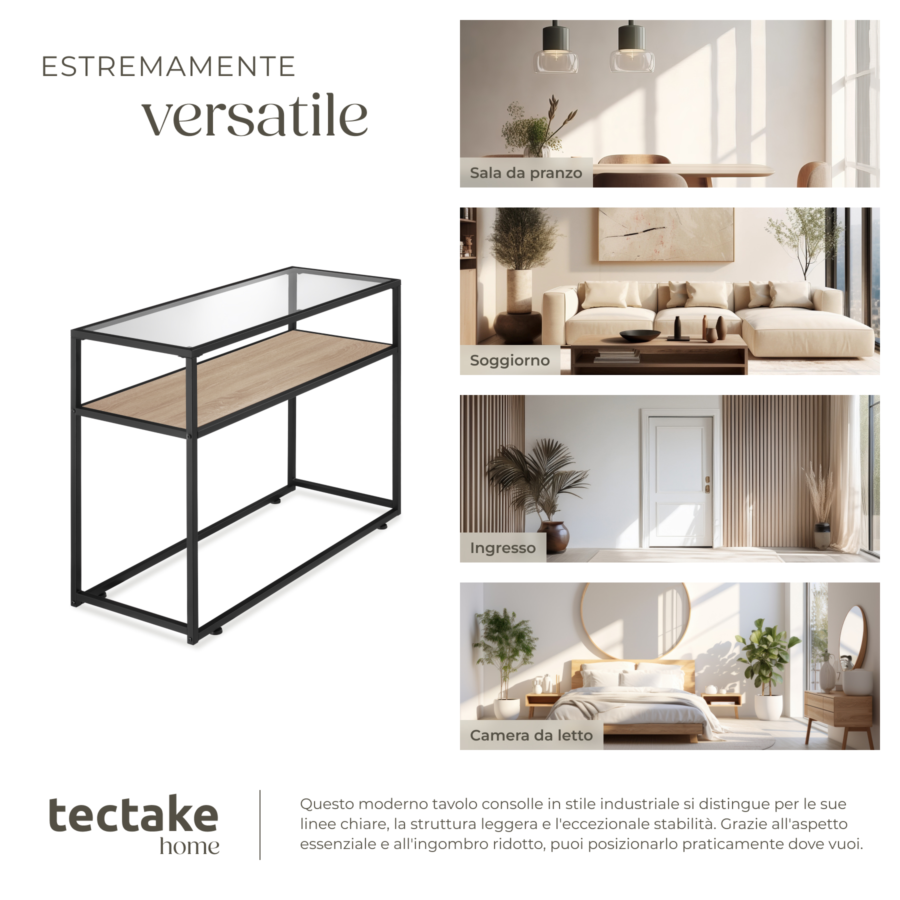 Tavolo console vetro corridoio tavolino appoggio 2 ripiani legno metallo - Foto 18 di 25