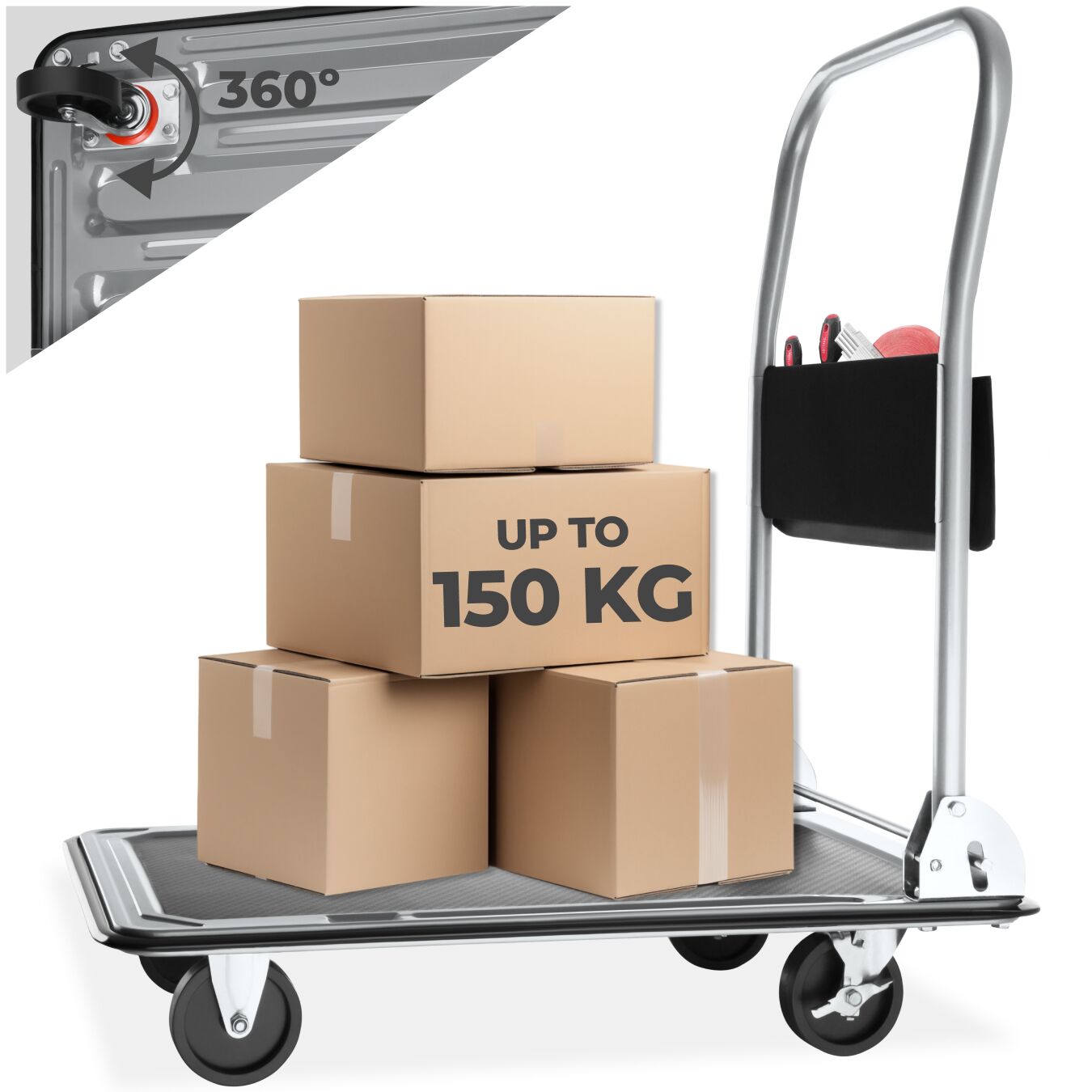 Folding Trolley - foldable handle, 2 fixed, 2 swivel castors, rubberised edge protection - black, 150 kg
