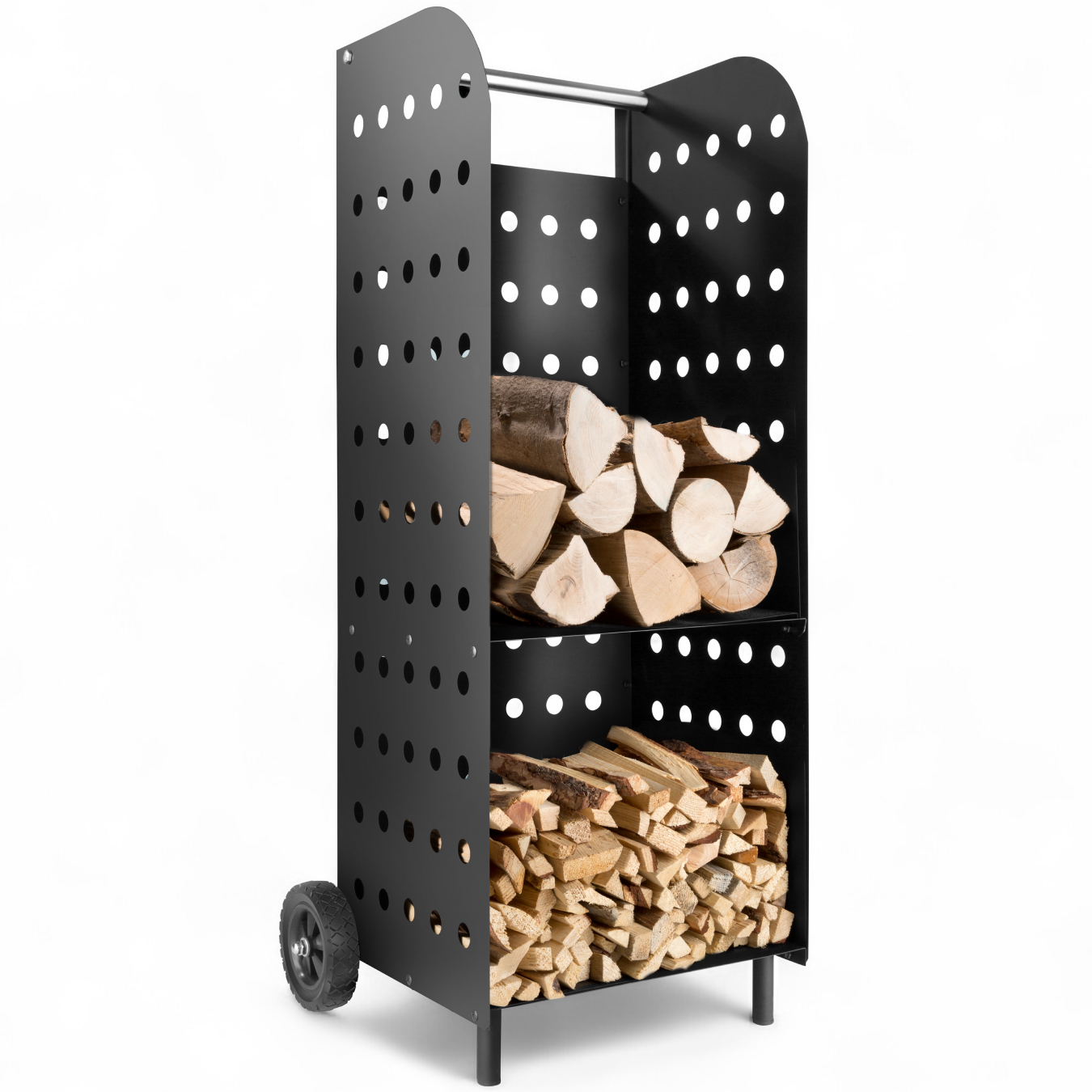 Log Holder - steel wagon with wheels, fireplace indoor wood storage - black