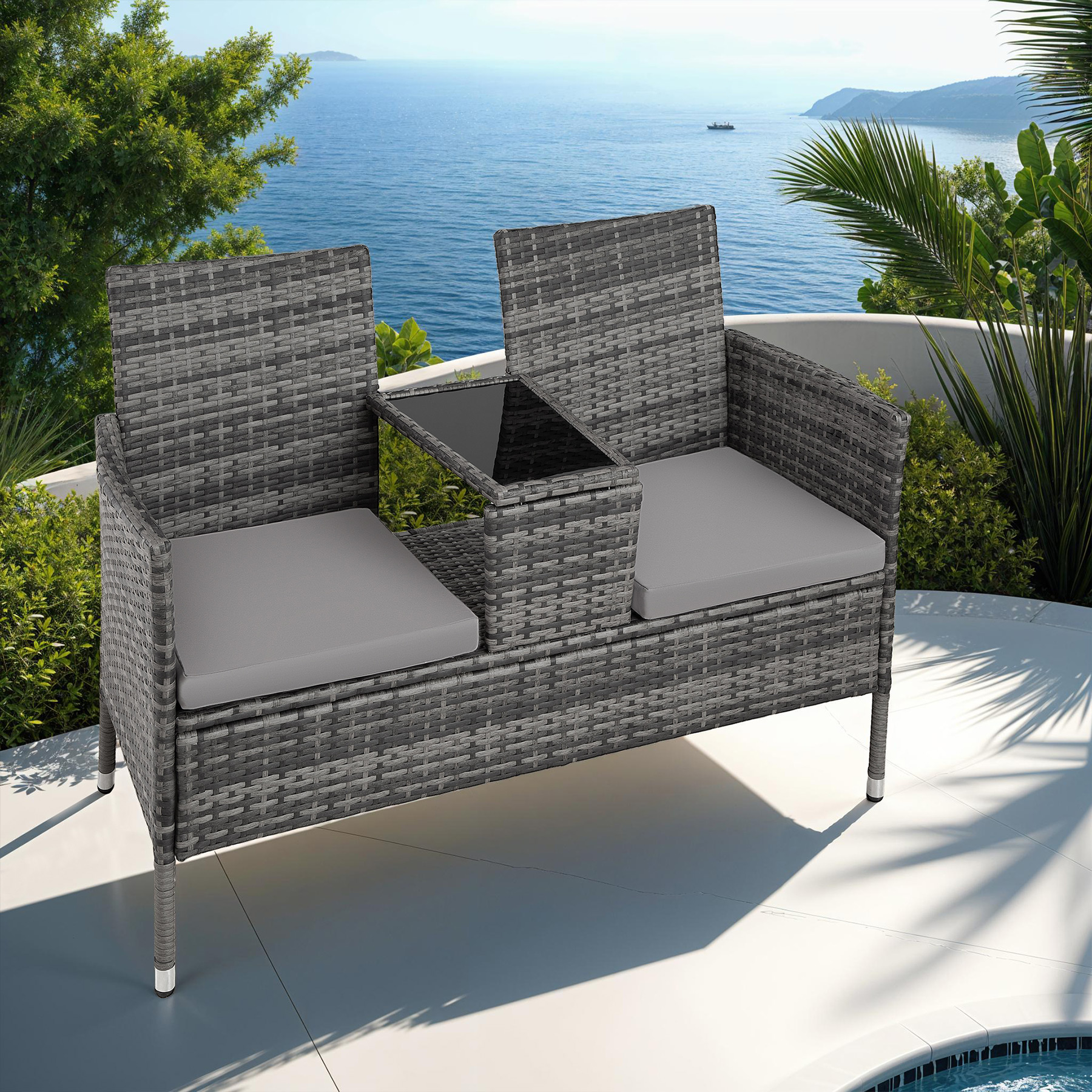 Poly Rattan Bench Glass Table Garden Furniture 2 Seats Wicker Patio Balcony New - Picture 60 of 81