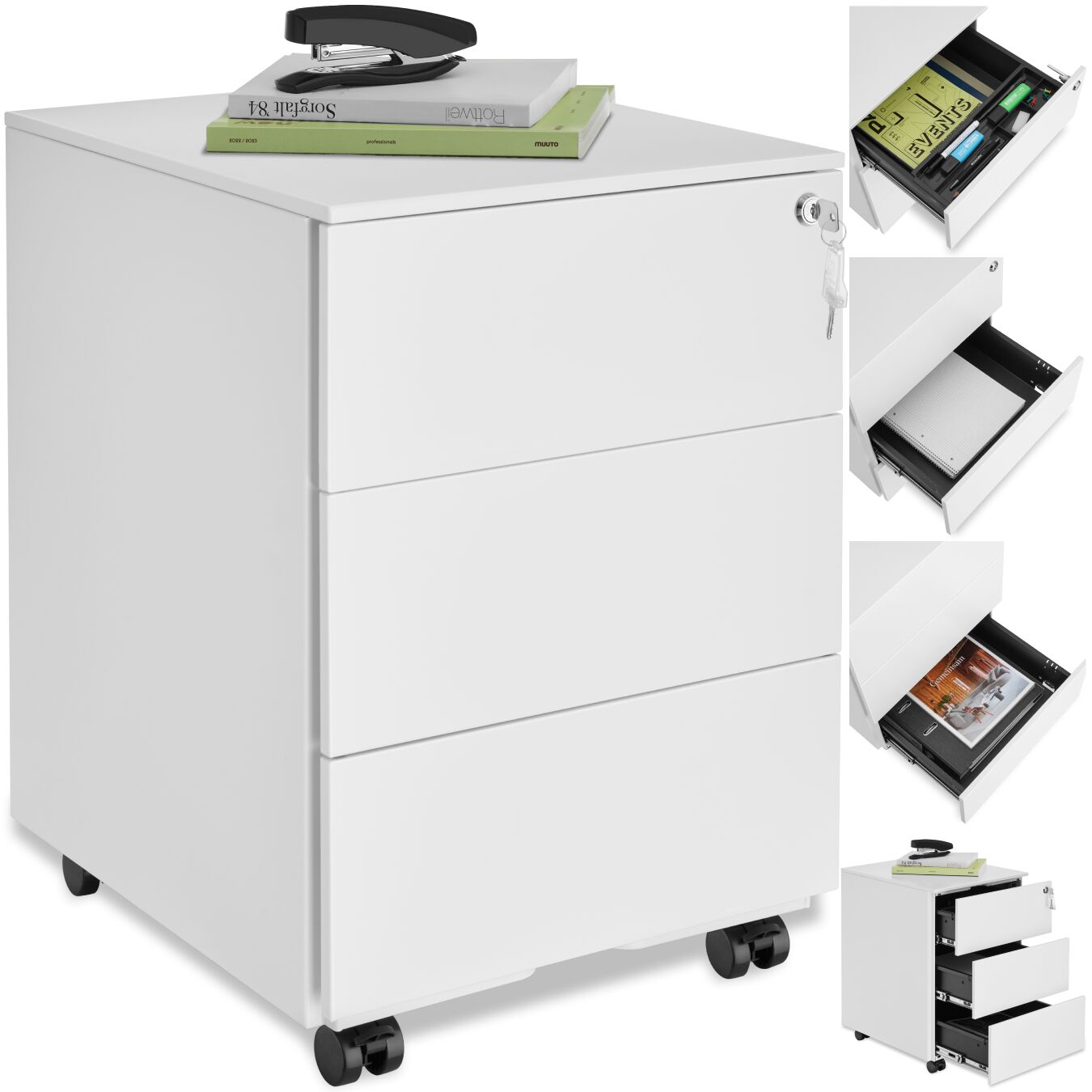 Cajonera con ruedas Magna con 3 cajones y cerradura - blanco | tectake