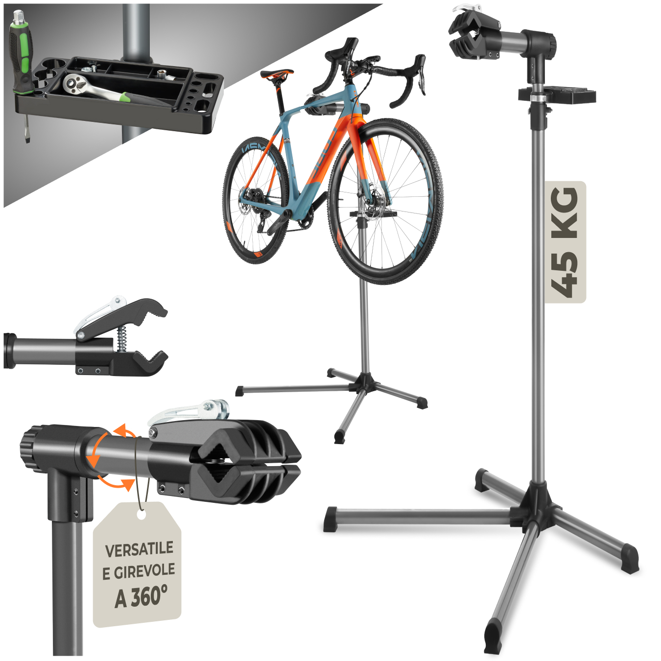 cavalletto per riparazioni/manutenzione bici con piano d’appoggio per utensili