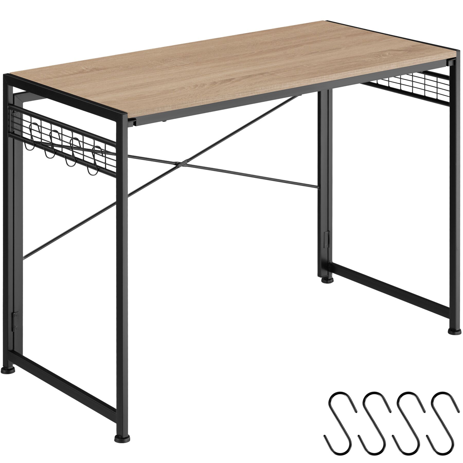 Desk Paterson - foldable computer table, side grid surfaces, 8 storage hooks - industrial wood light, oak Sonoma