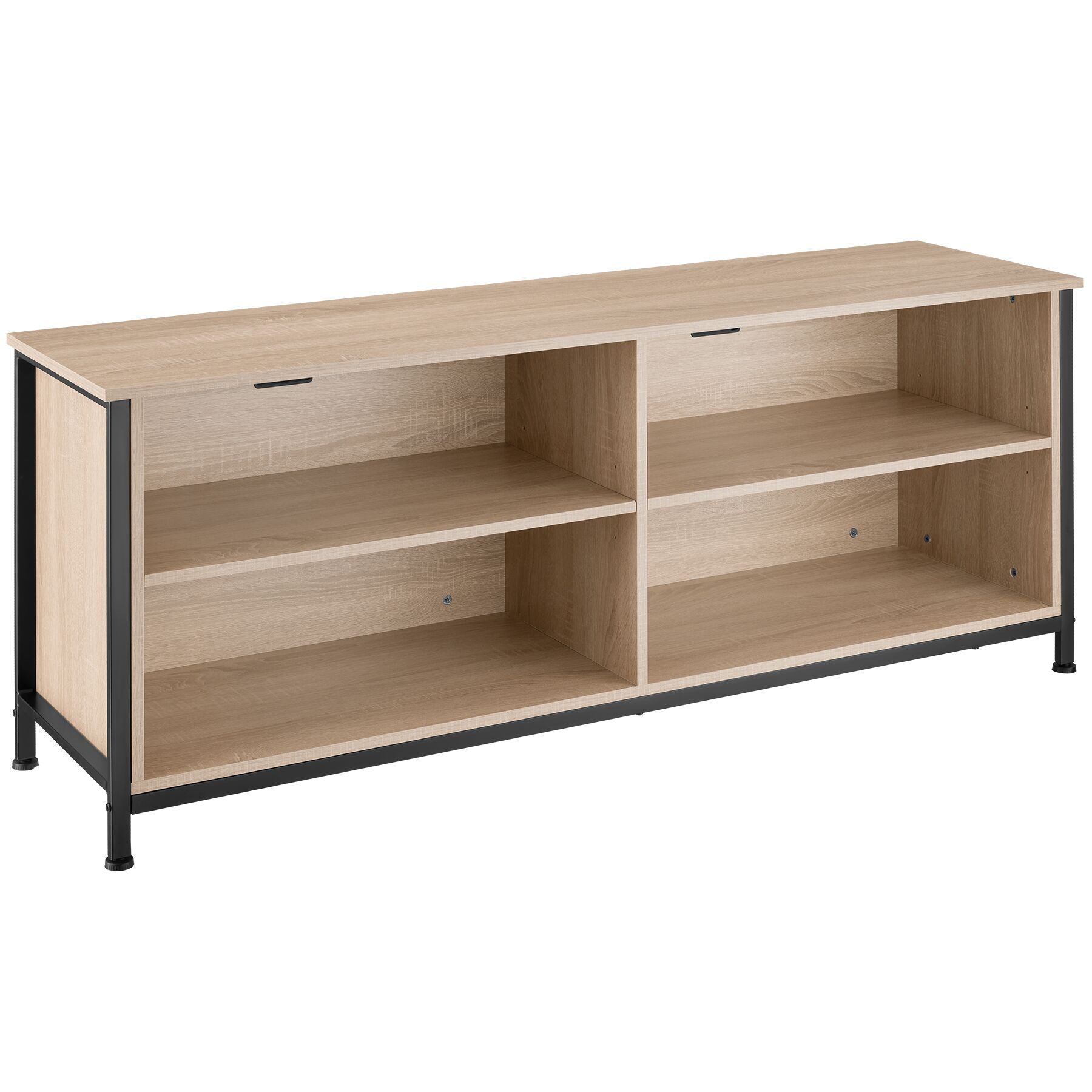 TV Stand Navan - 4 open compartments, 2 adjustable shelves, 4 cable cutouts - industrial wood light, oak Sonoma