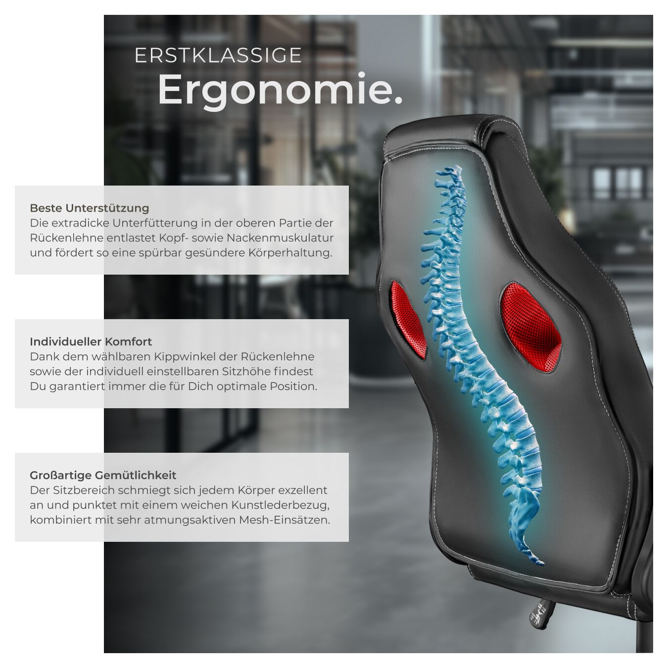 Bürostuhl Chefsessel ergonomisch Drehstuhl Schreibtisch Gamingstuhl mit Rollen - Produktbild 3