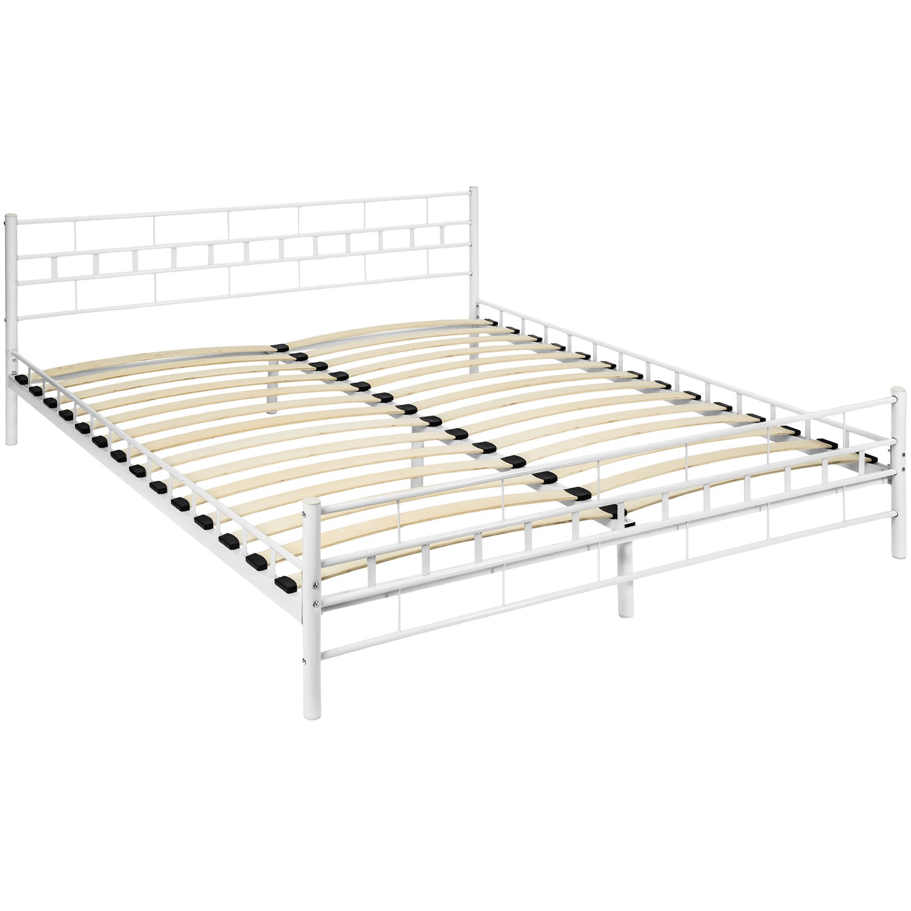 Cama de casal com cabeceira e pé em aço e estrado de ripas de madeira - 200 x 180 cm, branco | tectake