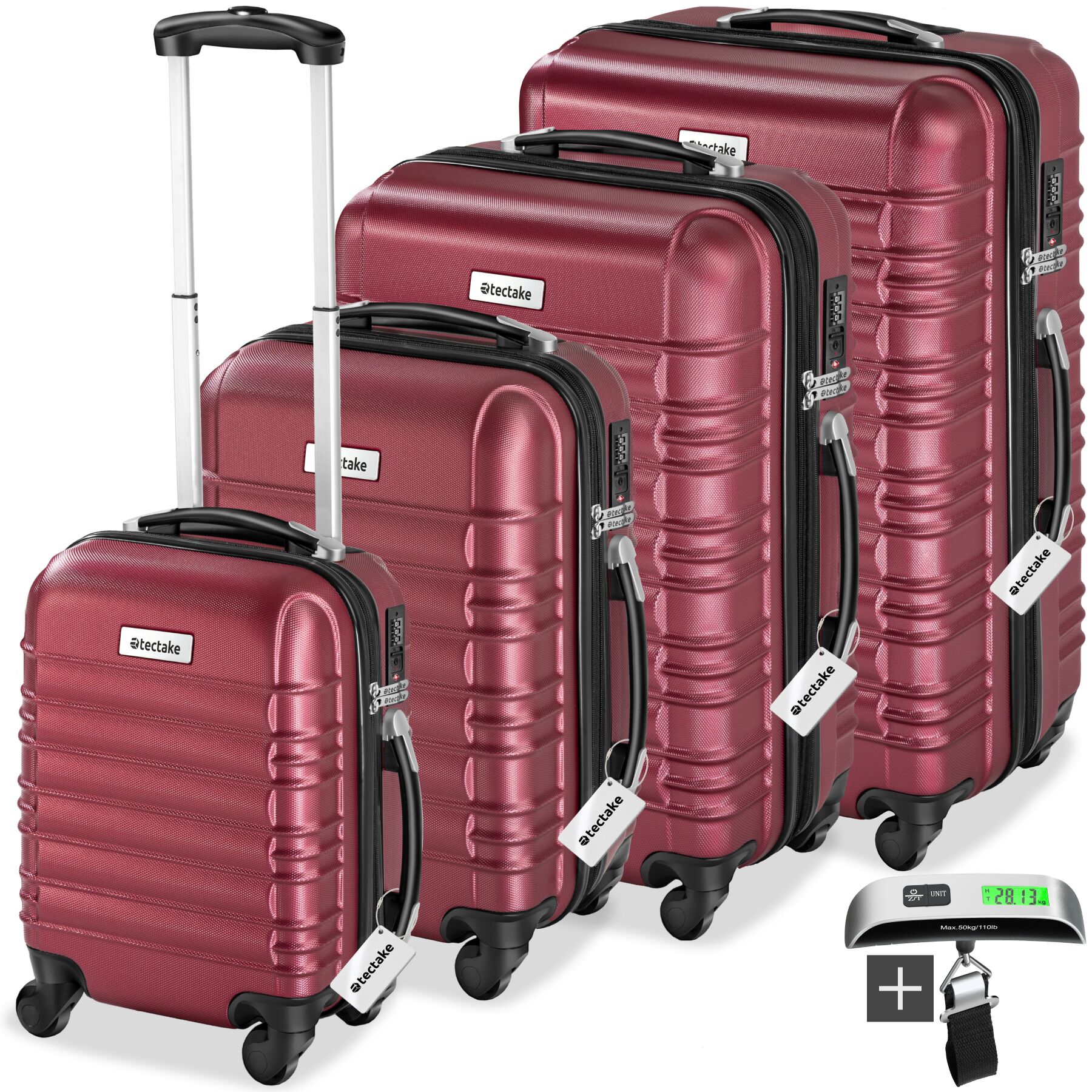 Set de valises rigides Mila 4 pièces avec pèse-bagages - rouge bordeaux | tectake