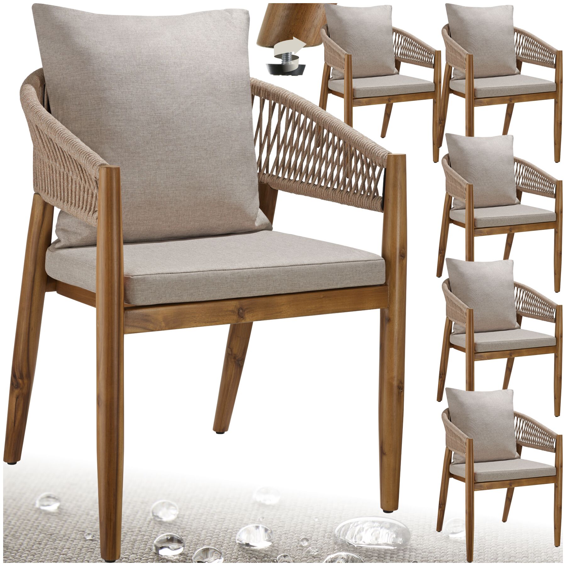 Garden Chair Manacor in a Corded Design with Acacia Wood Frame and Matching Cushions - sand, Set of 6 | tectake
